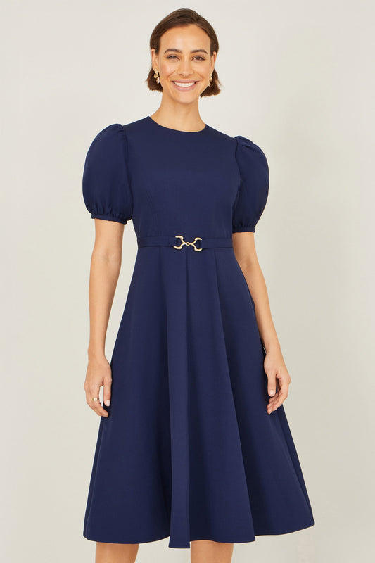 Navy Skater Dress With Puff Sleeves And Buckle Detail