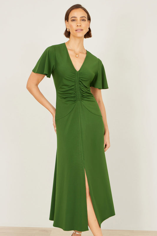 Green Ruched Front Stretch Midi Dress
