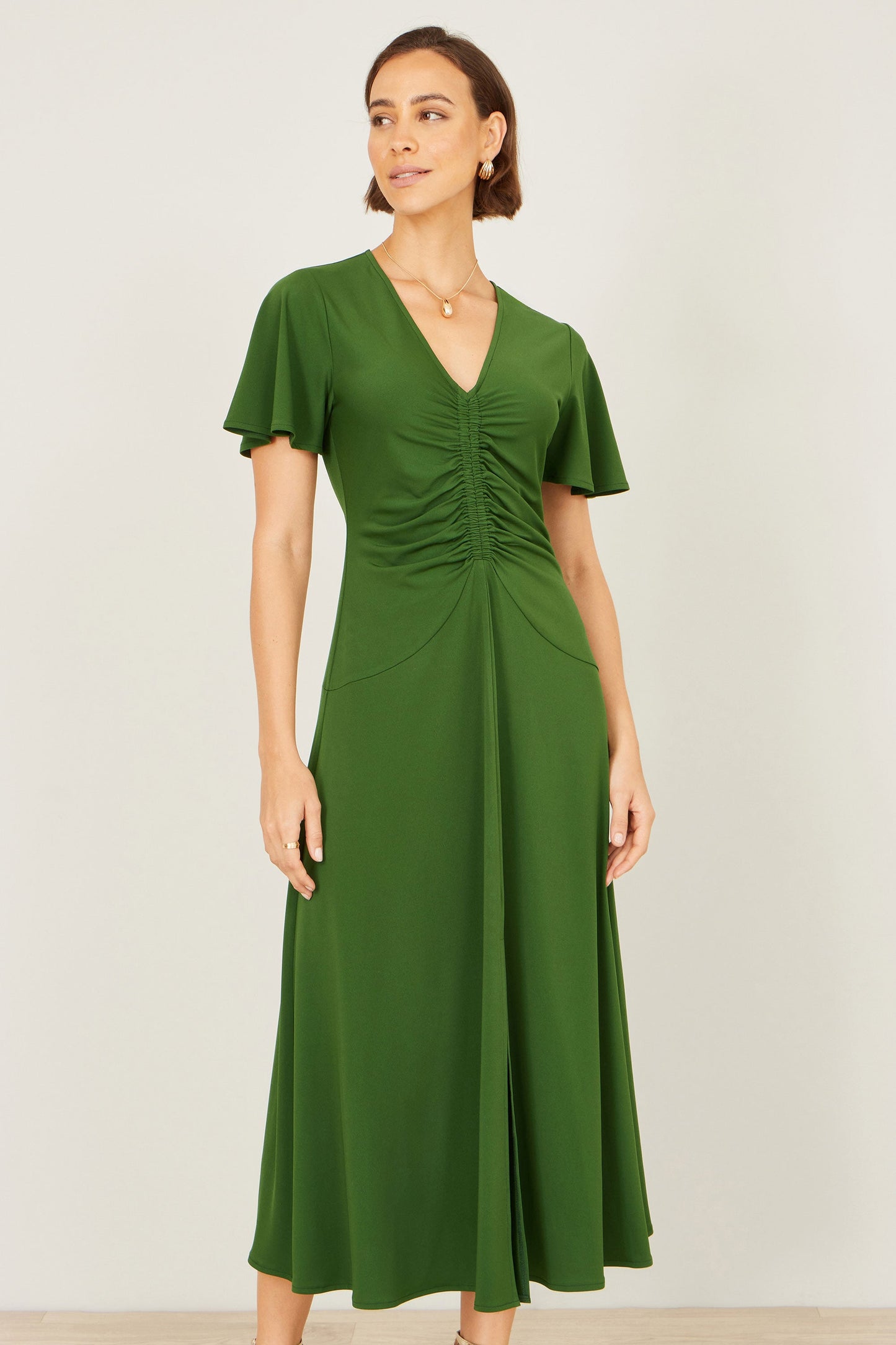 Green Ruched Front Midi Dress