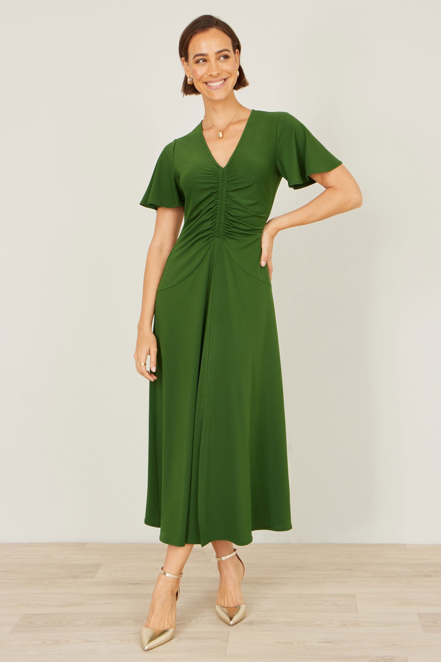 Green Ruched Front Midi Dress