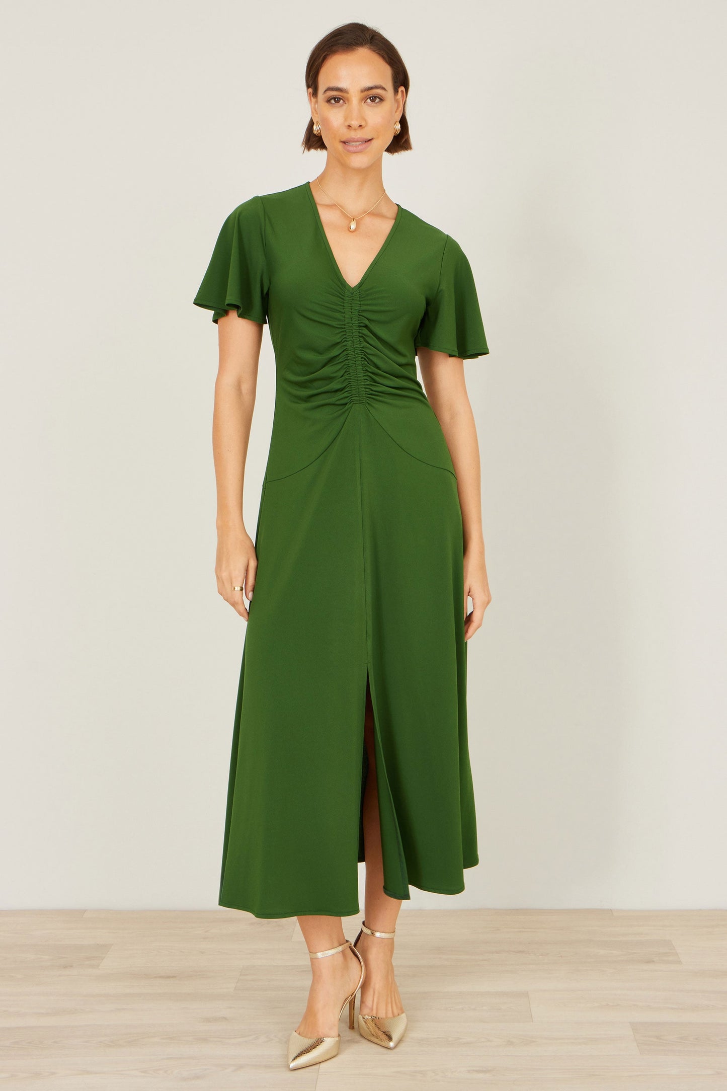 Green Ruched Front Midi Dress