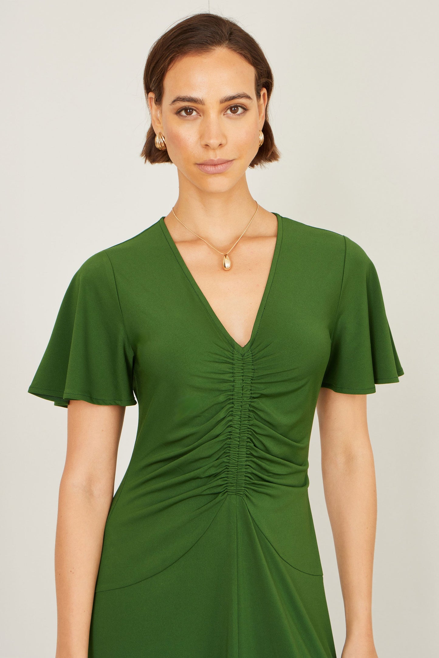 Green Ruched Front Midi Dress