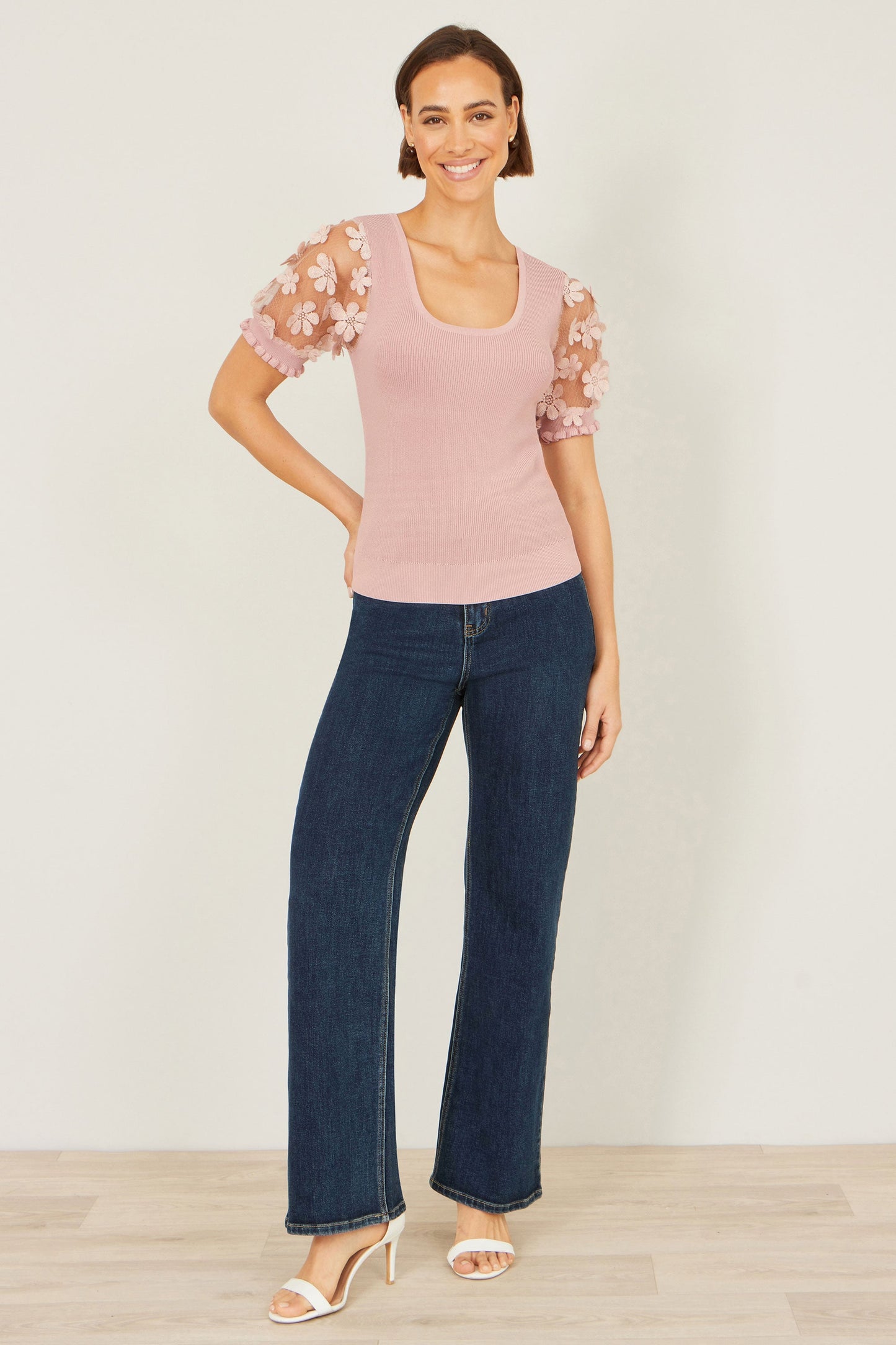 Blush Knitted Top With Floral Applique