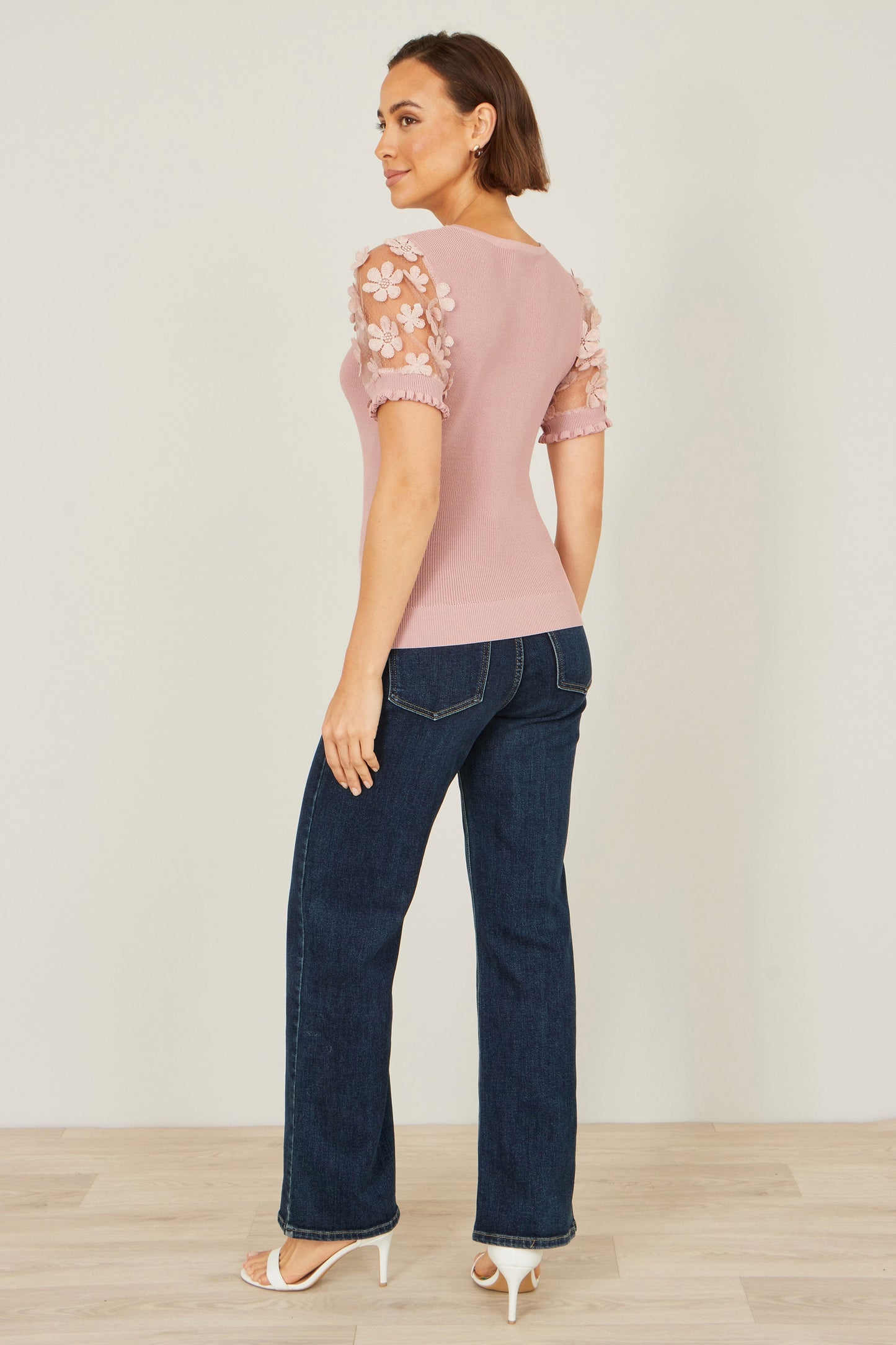 Blush Knitted Top With Floral Applique