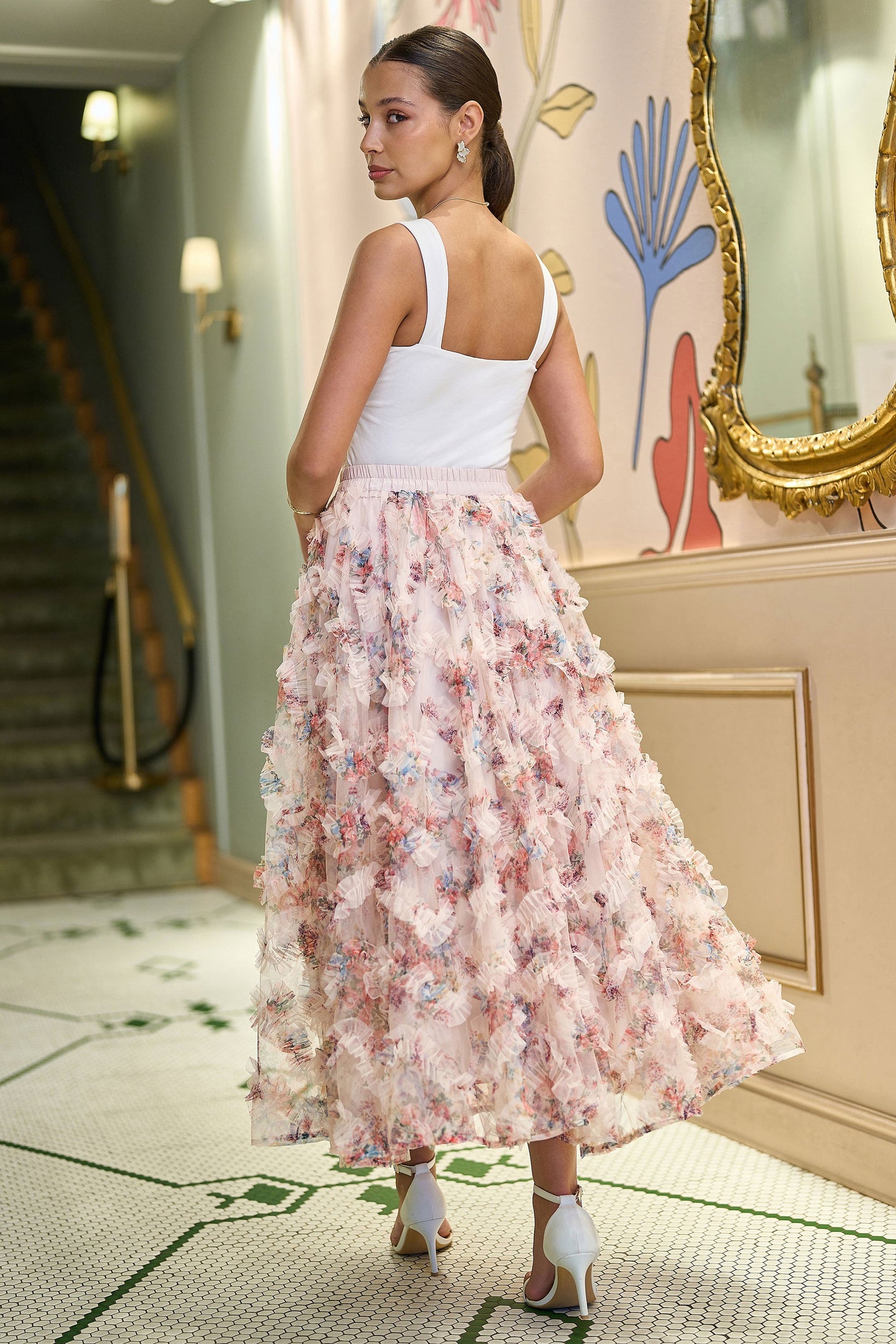 Ivory Floral Ruffle Mesh Midi Skirt
