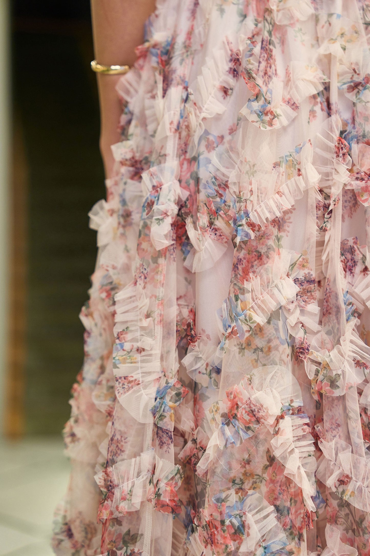Ivory Floral Ruffle Mesh Midi Skirt