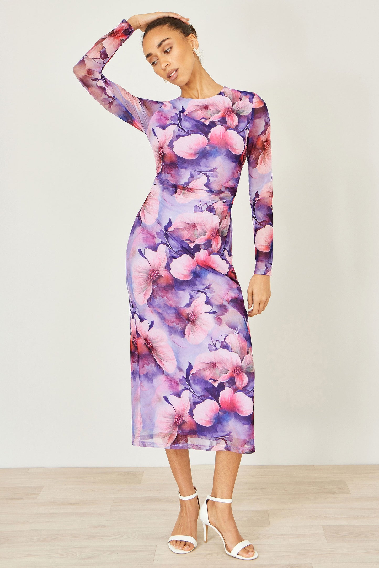 Purple Floral Mesh Midi Dress With Tie Back