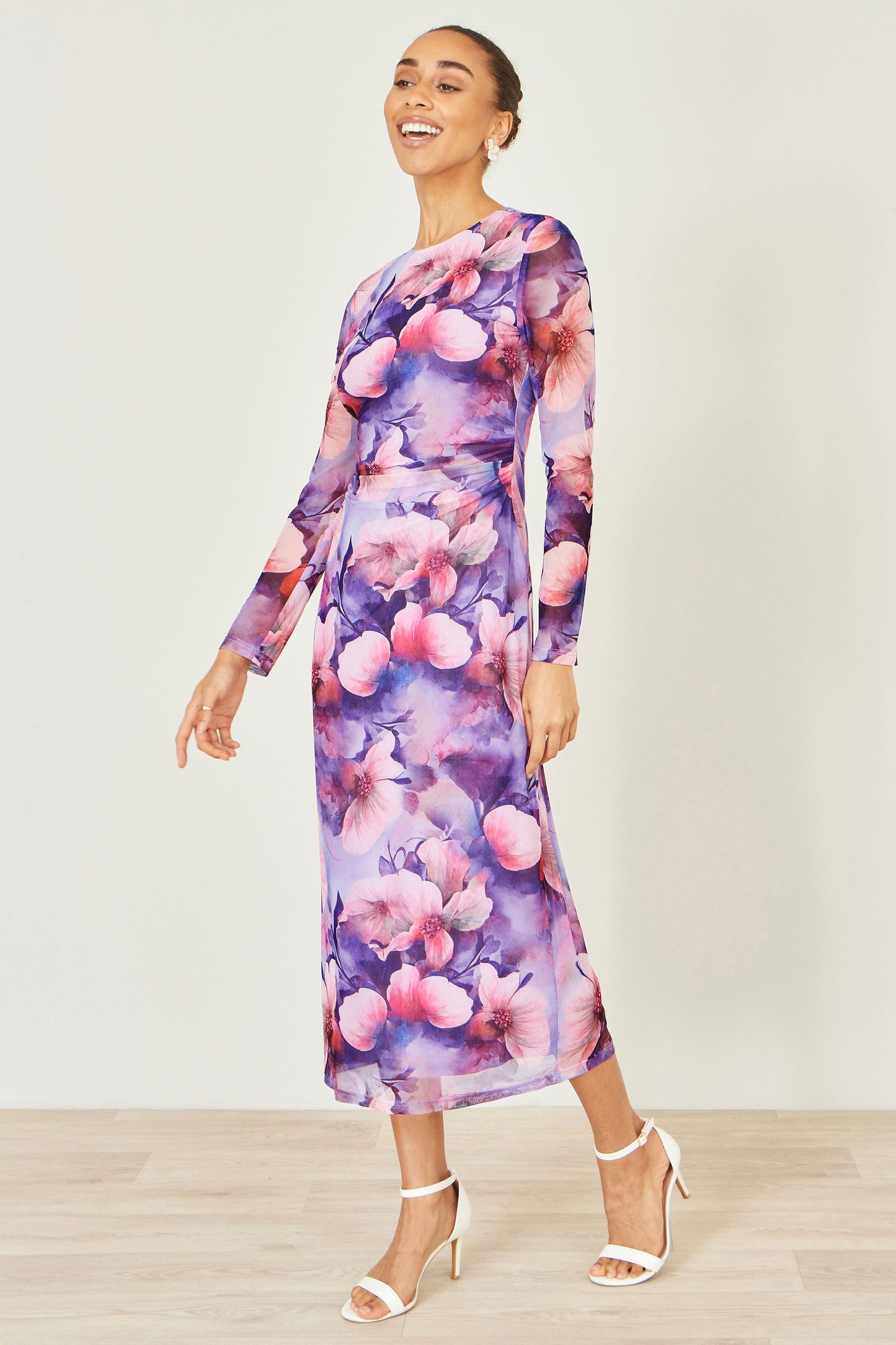 Purple Floral Mesh Midi Dress With Tie Back