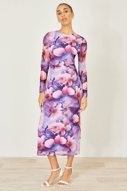 Purple Floral Mesh Midi Dress With Tie Back