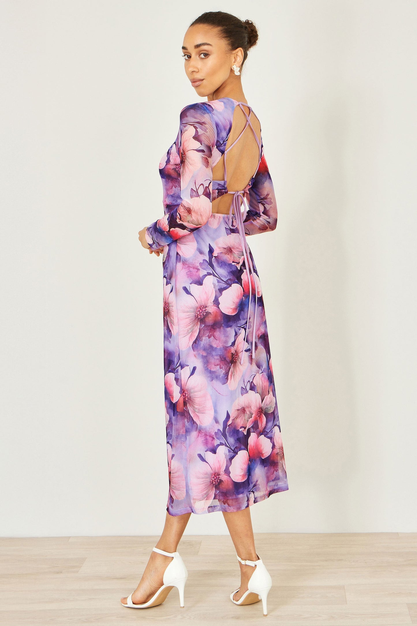 Purple Floral Mesh Midi Dress With Tie Back