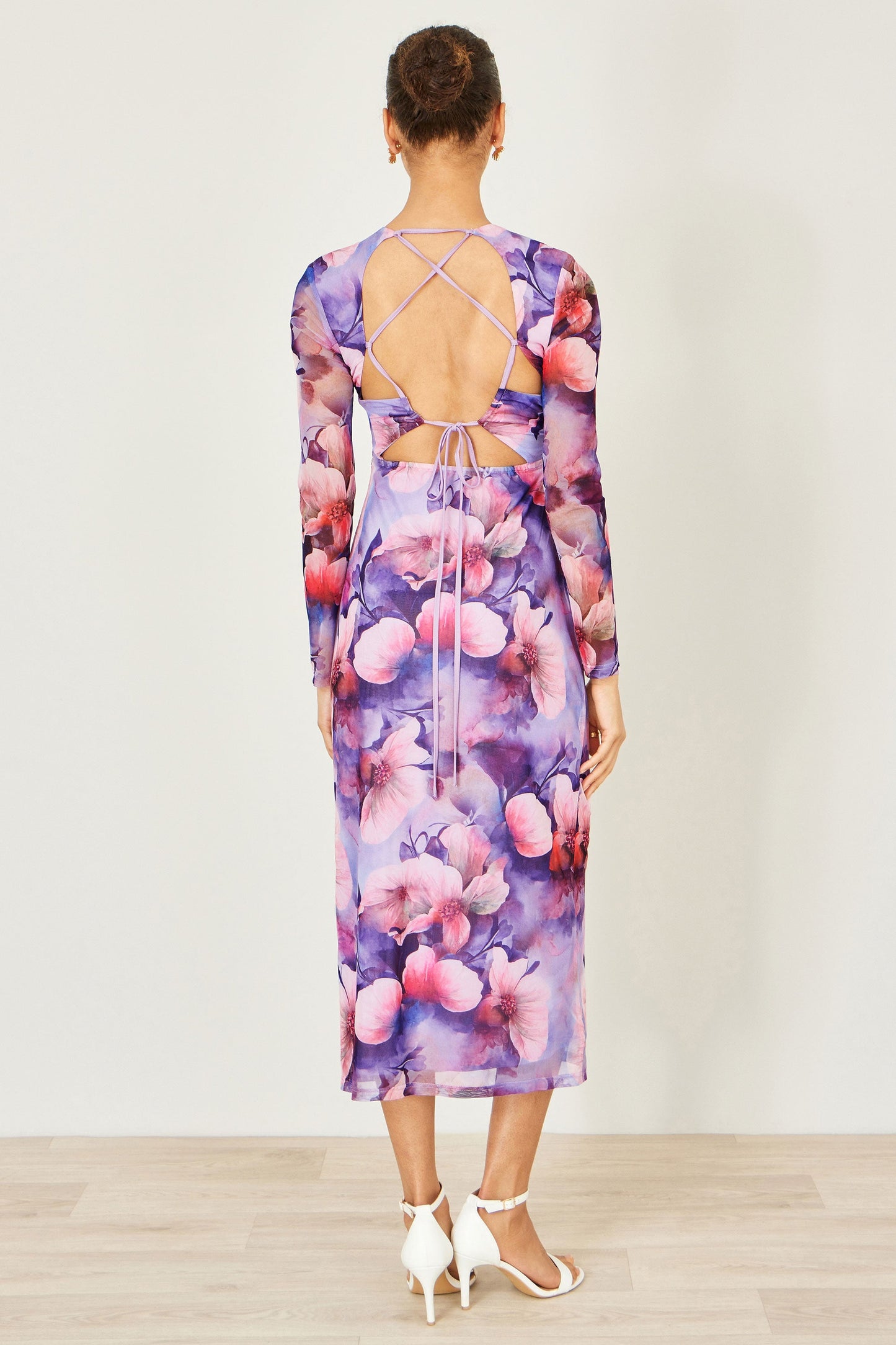 Purple Floral Mesh Midi Dress With Tie Back