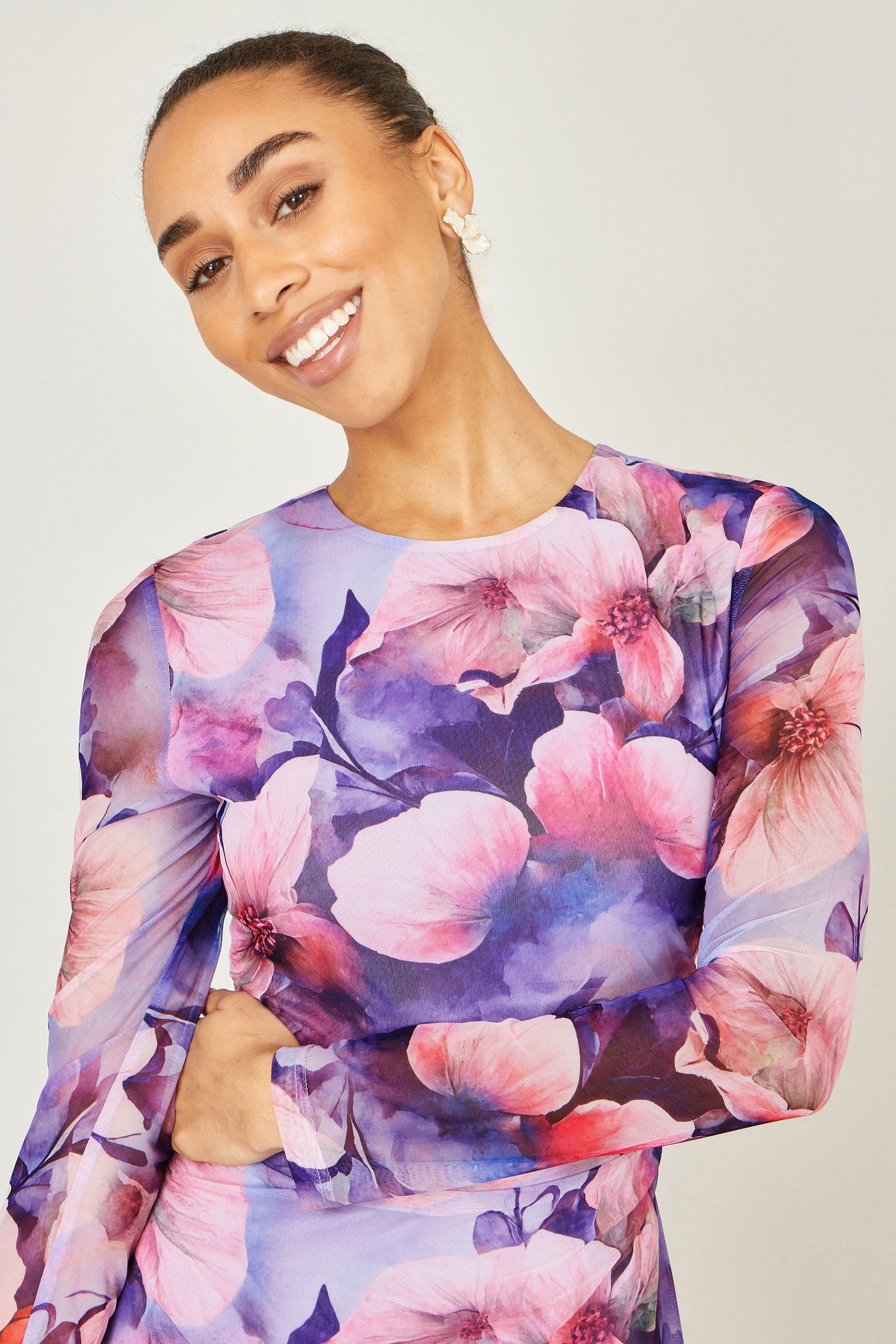 Purple Floral Mesh Midi Dress With Tie Back