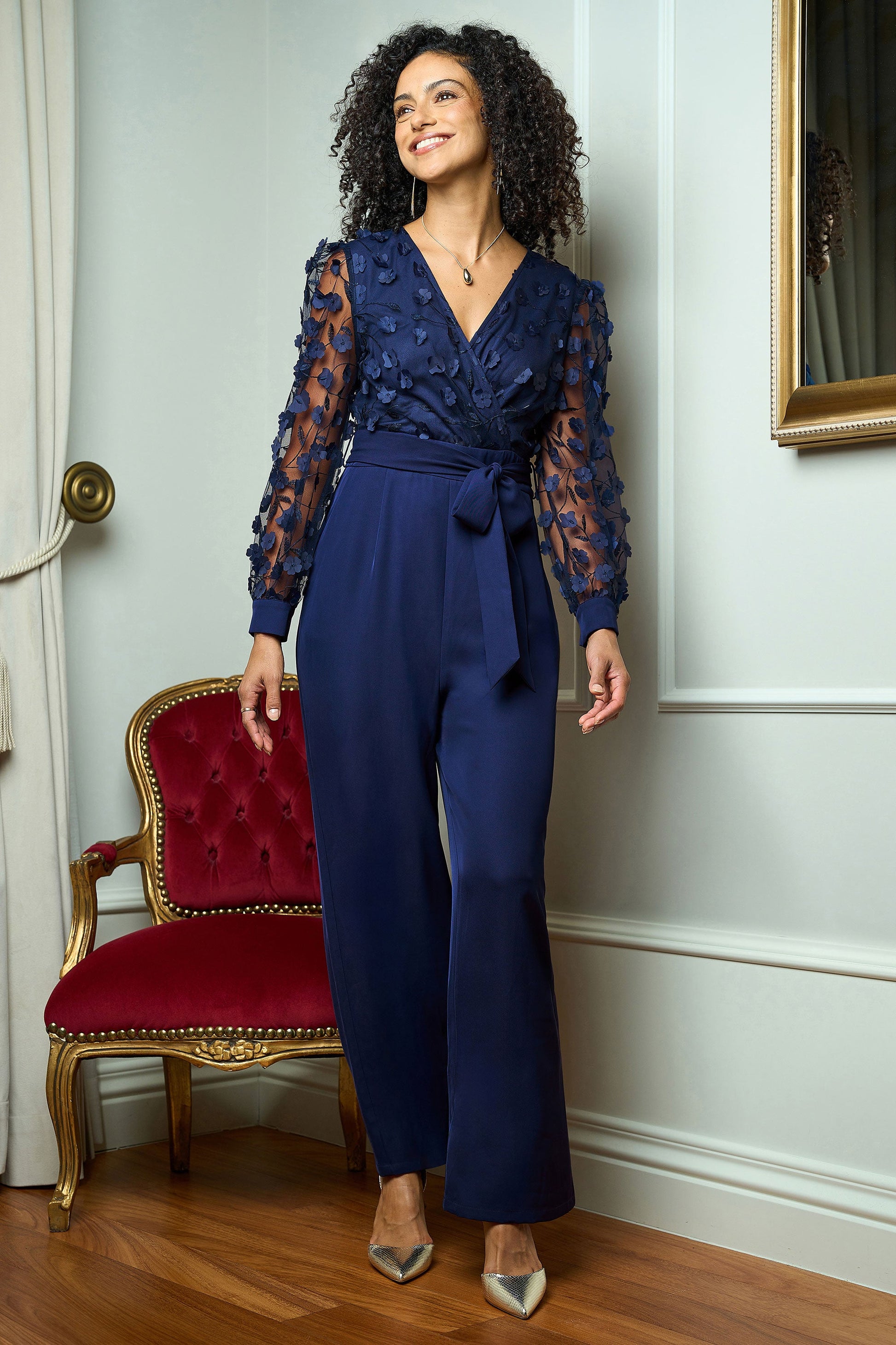 Navy Flower Applique Jumpsuit