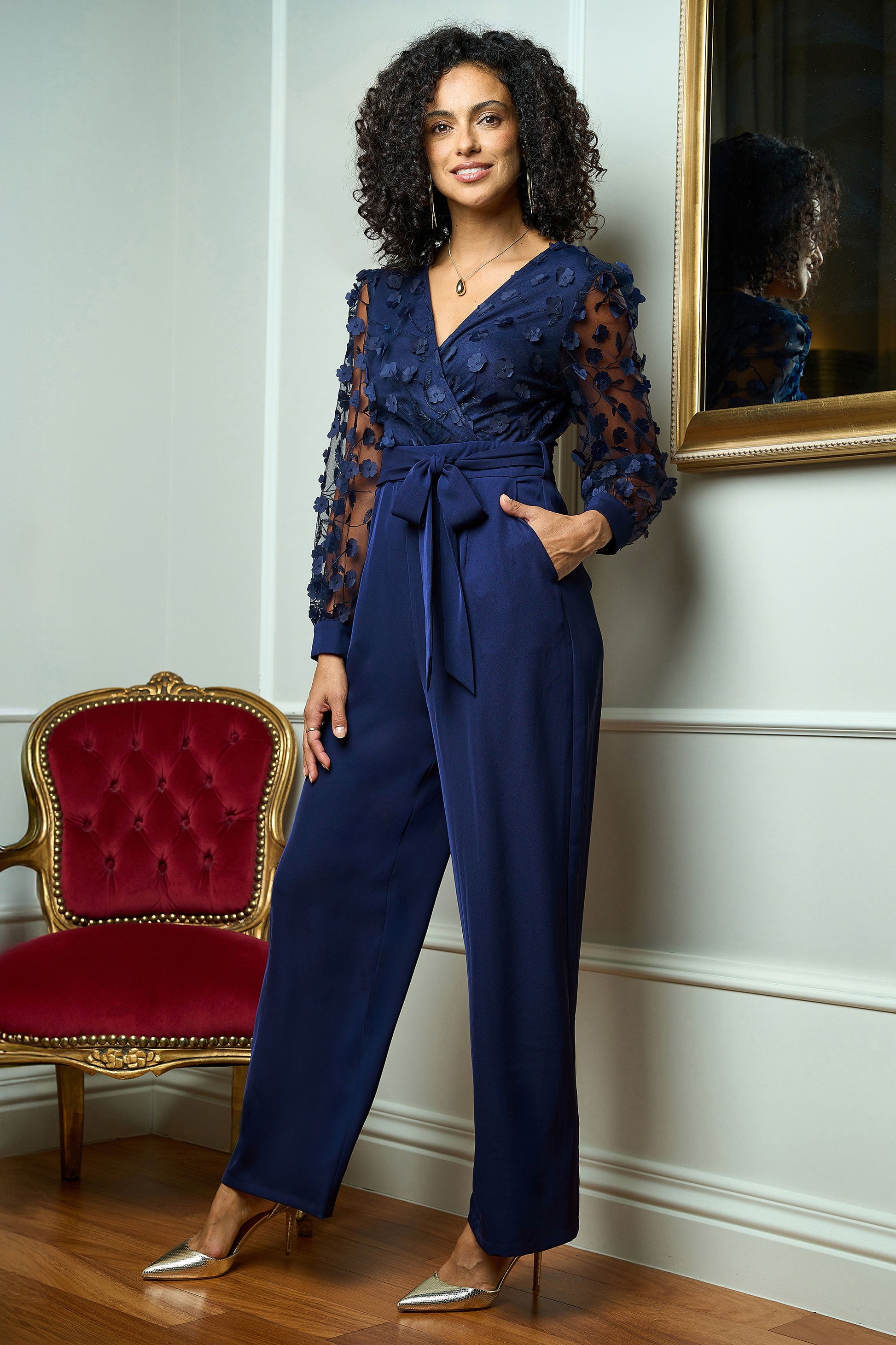 Navy Flower Applique Jumpsuit