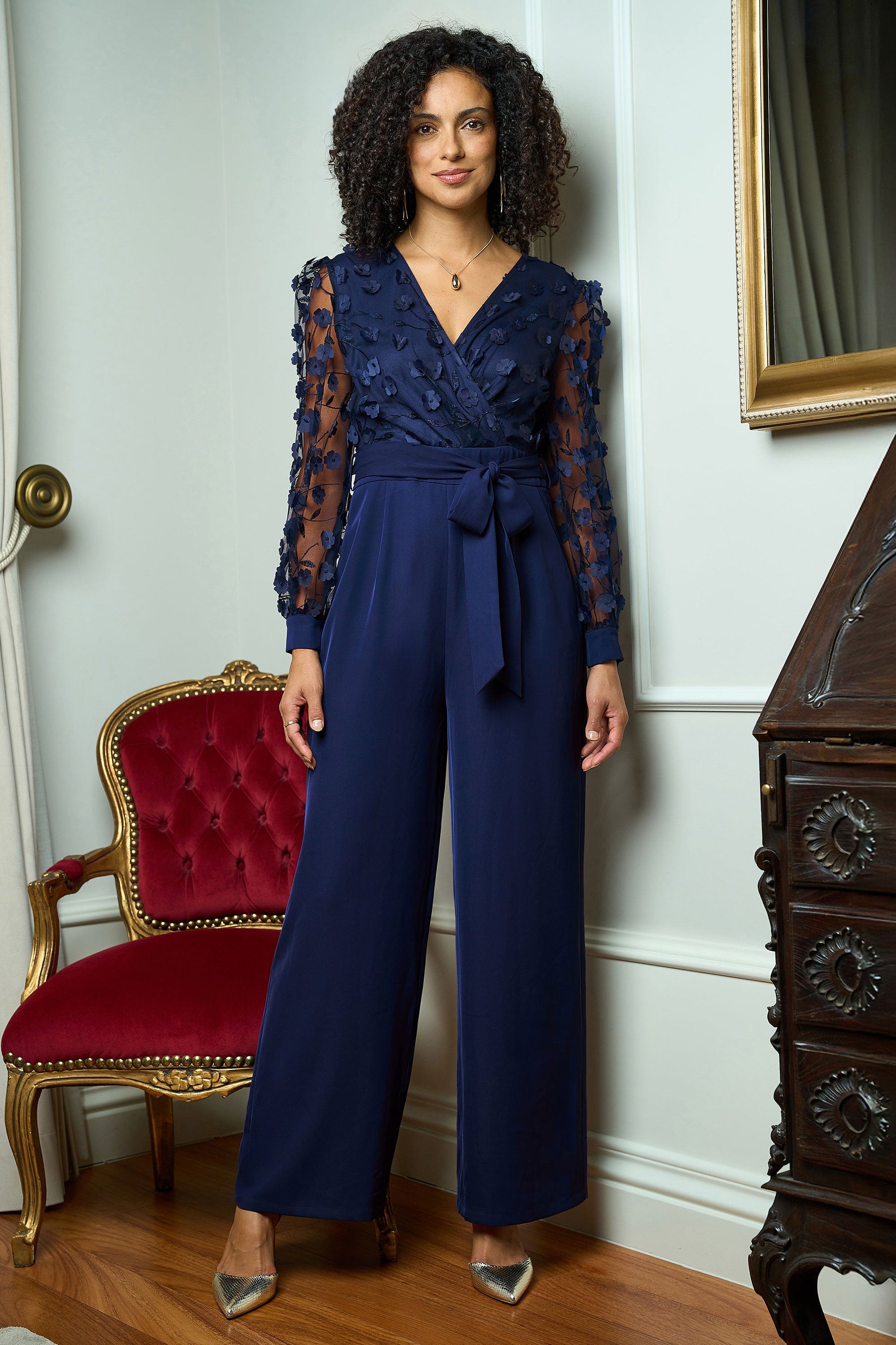Navy Flower Applique Jumpsuit