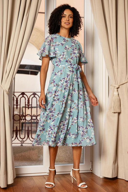 Blue Blossom Skater Midi Dress With Angel Sleeves