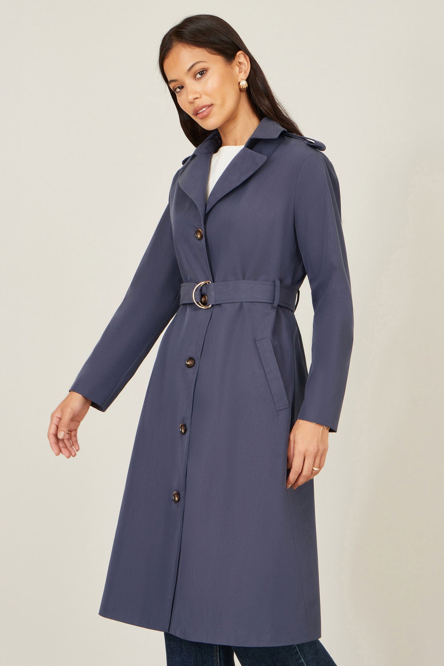 Navy Belted Long Trench Coat With Belt