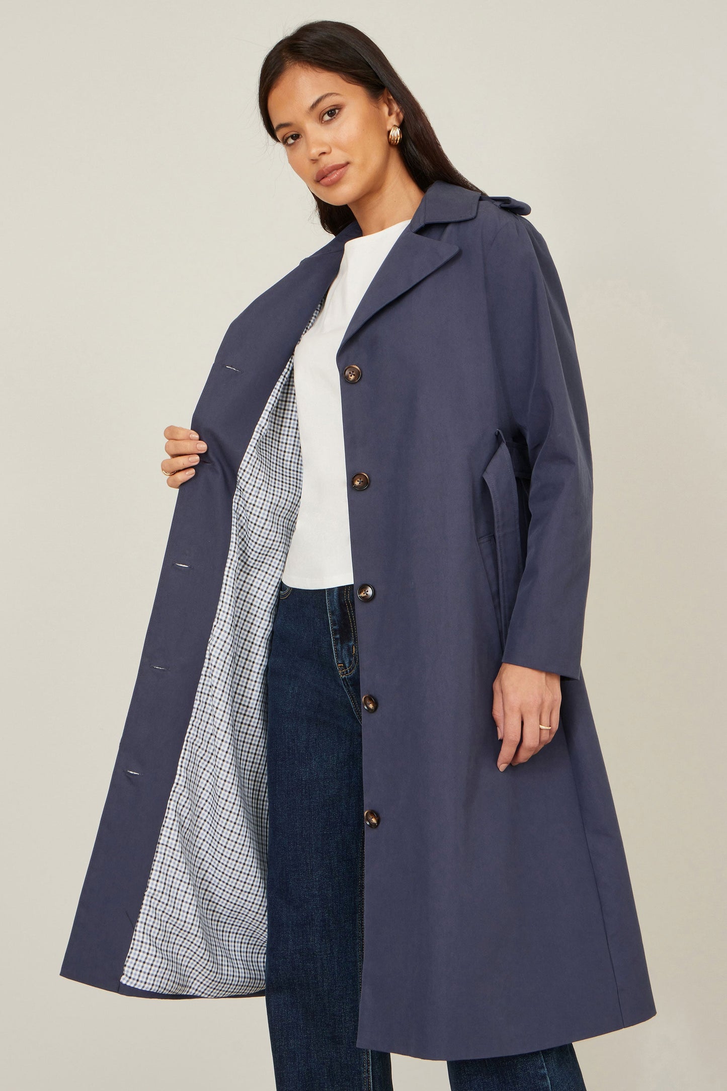 Navy Belted Long Trench Coat With Belt