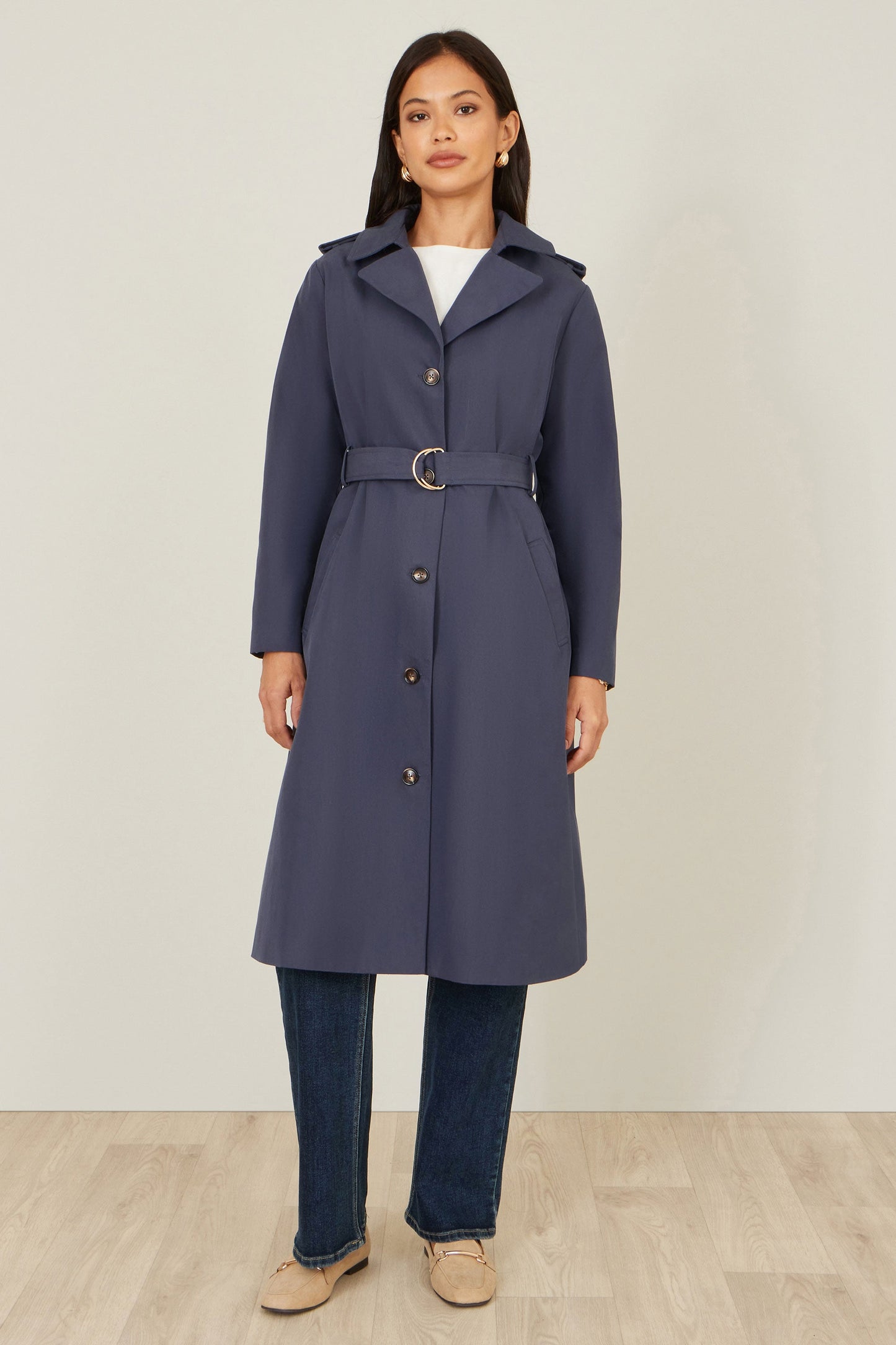 Navy Belted Long Trench Coat With Belt
