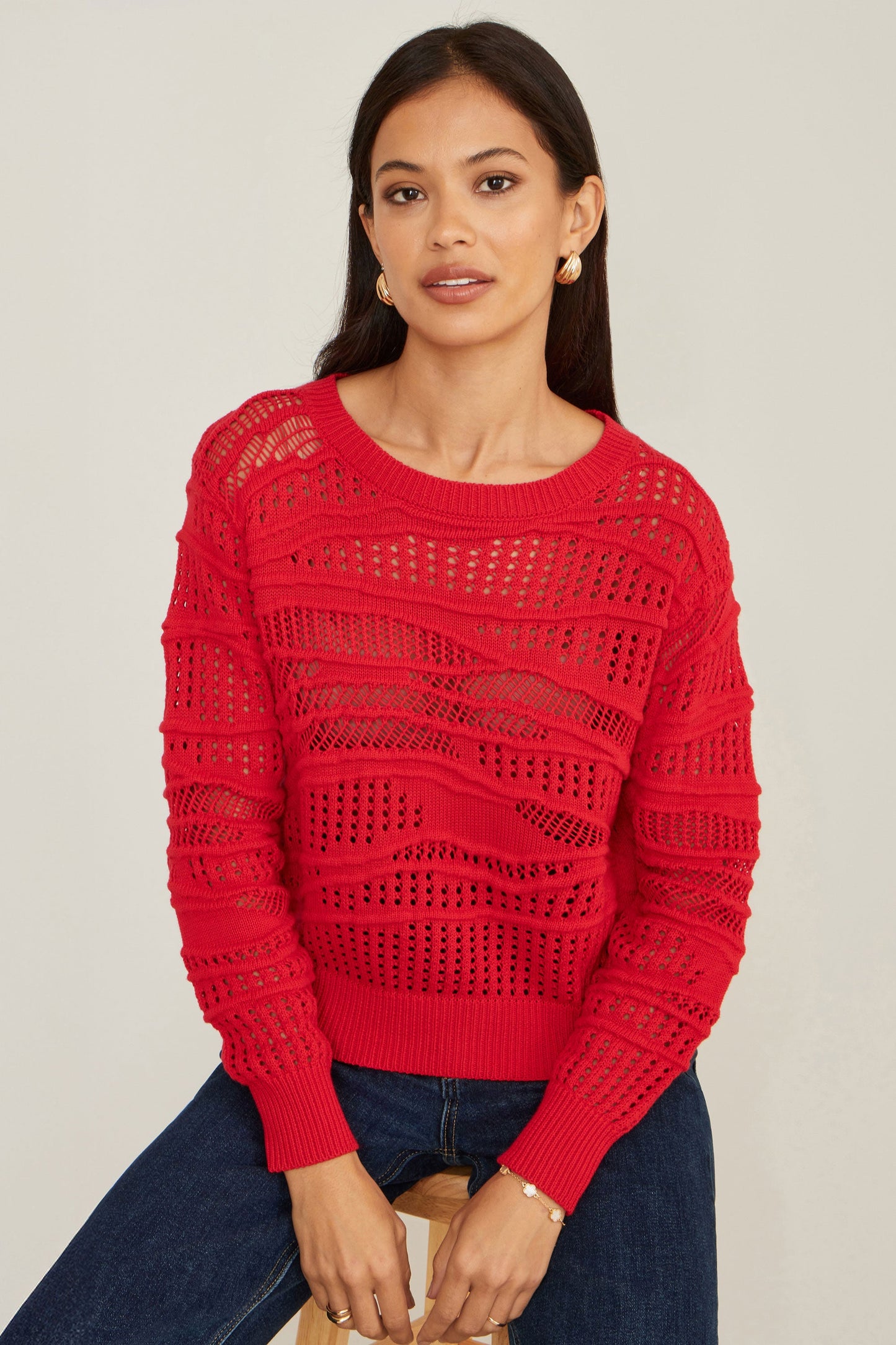 Red Wave Pointelle Knitted Jumper
