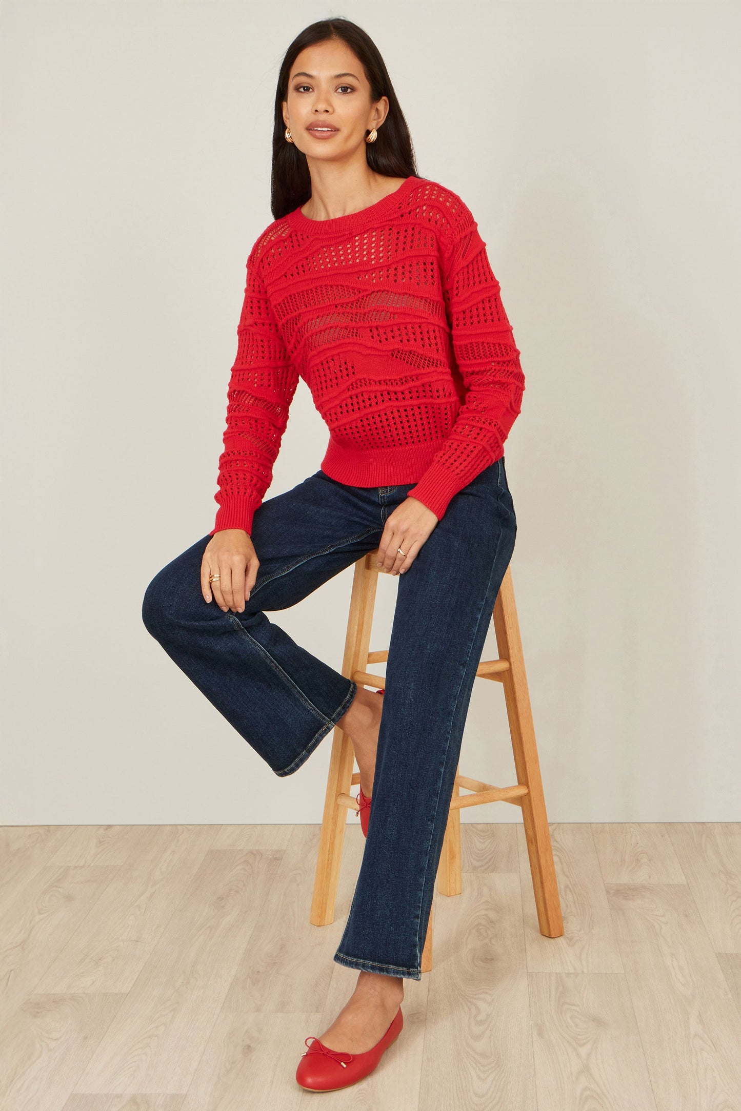Red Wave Pointelle Knitted Jumper