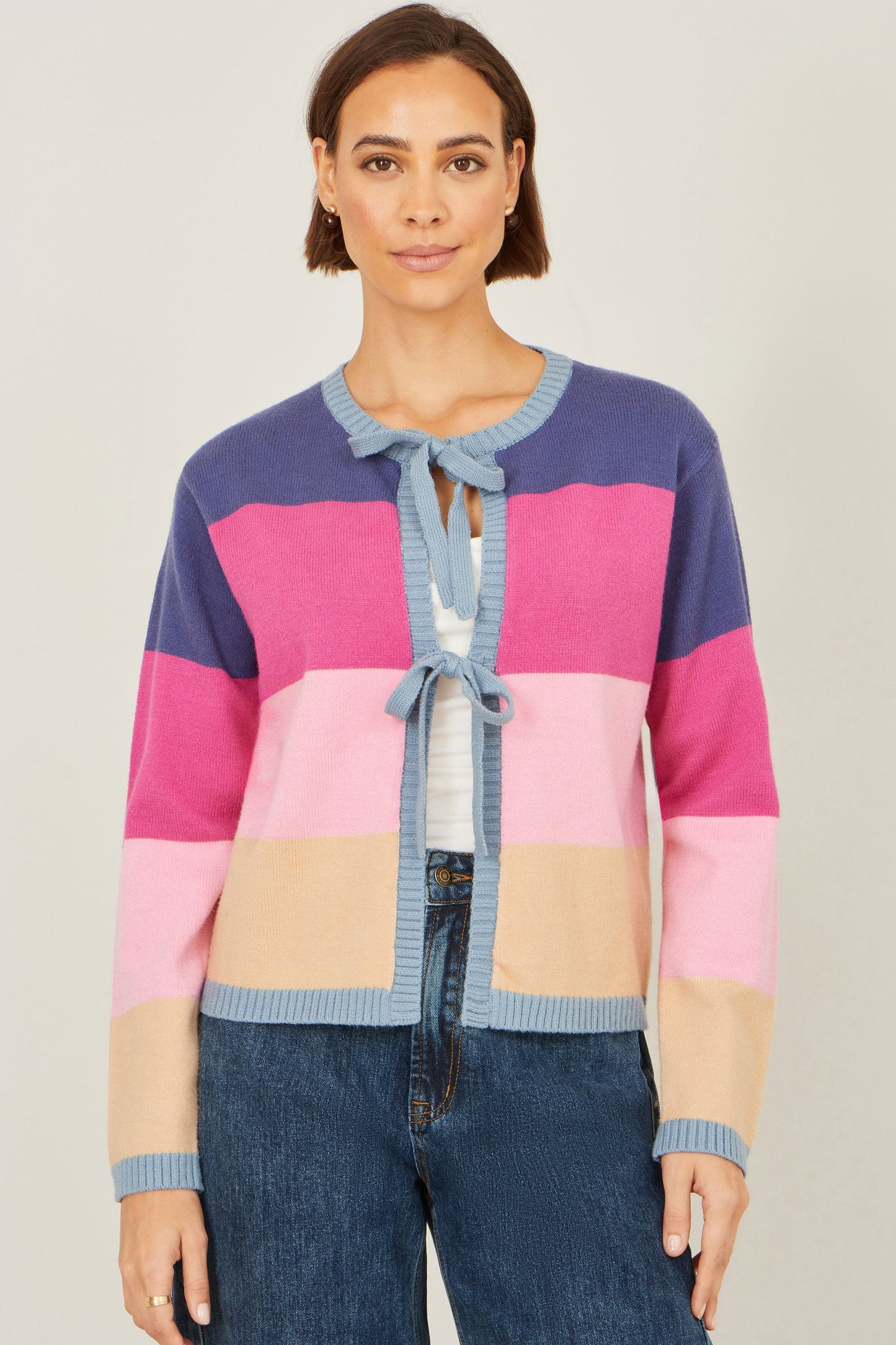 Multicolour Block Stripe Tie Front Cardigan