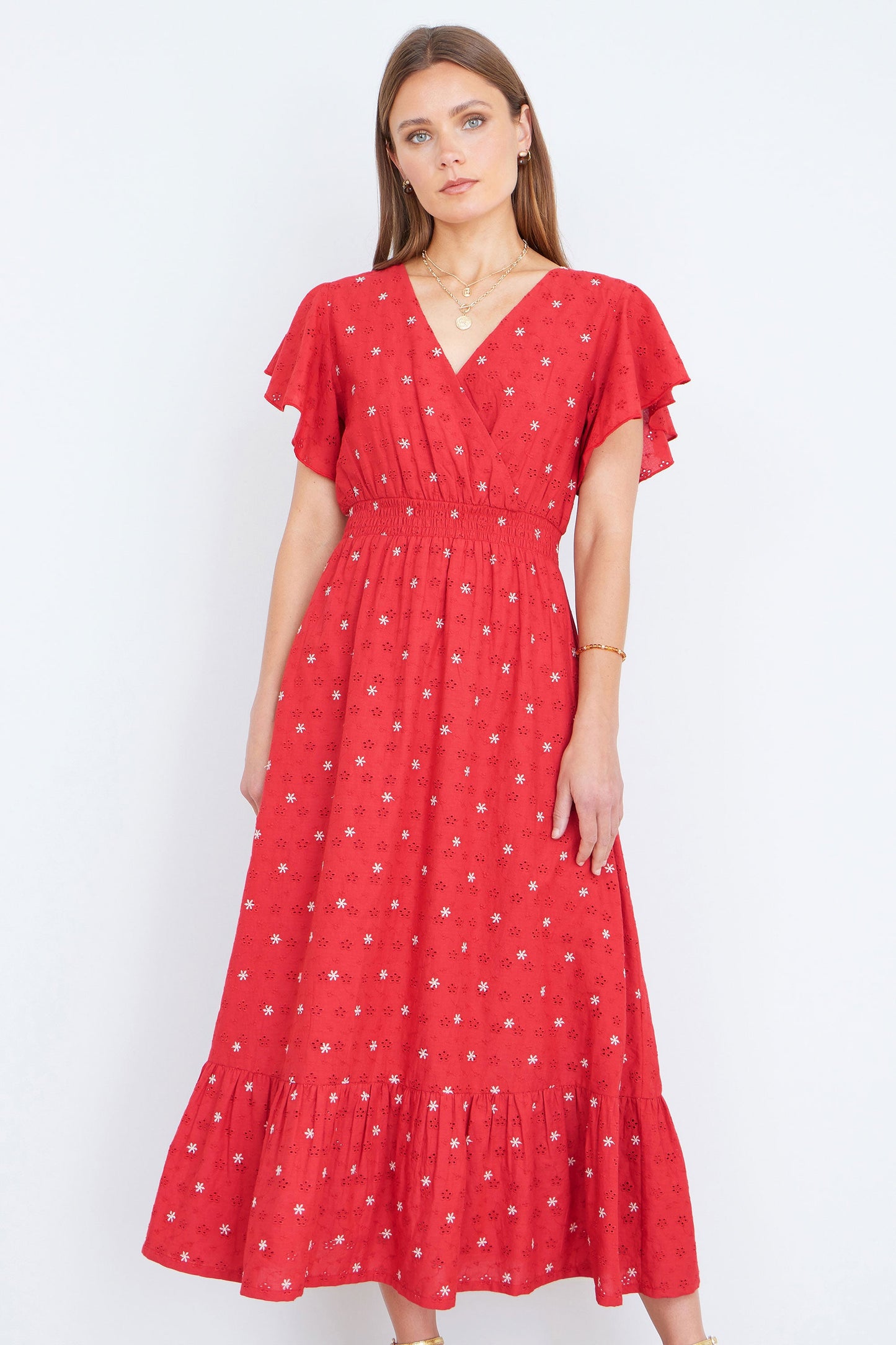 Red Broderie Anglaise Wrap Midi Dress With Flower Embroidery