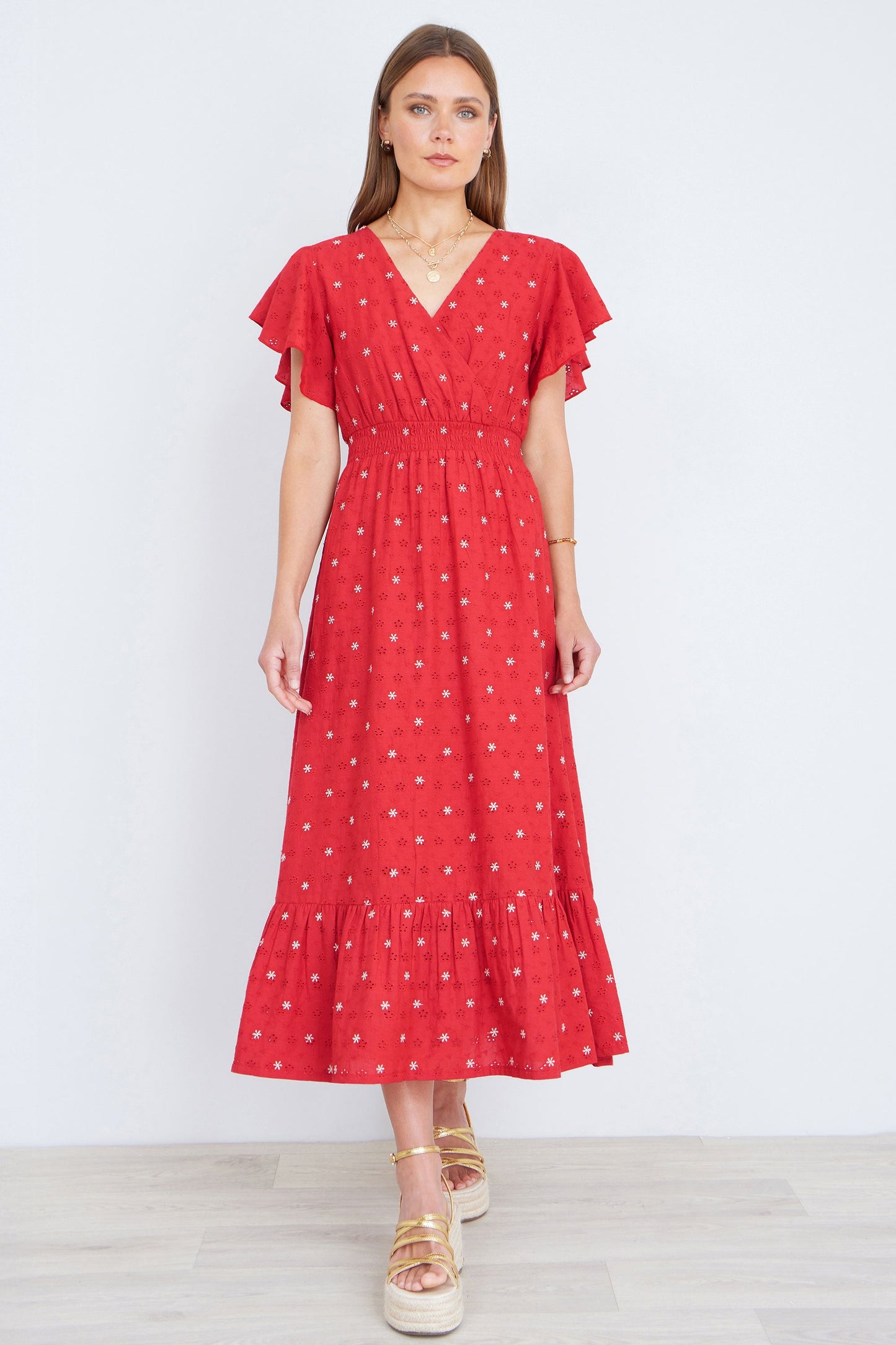 Red Broderie Anglaise Wrap Midi Dress With Flower Embroidery