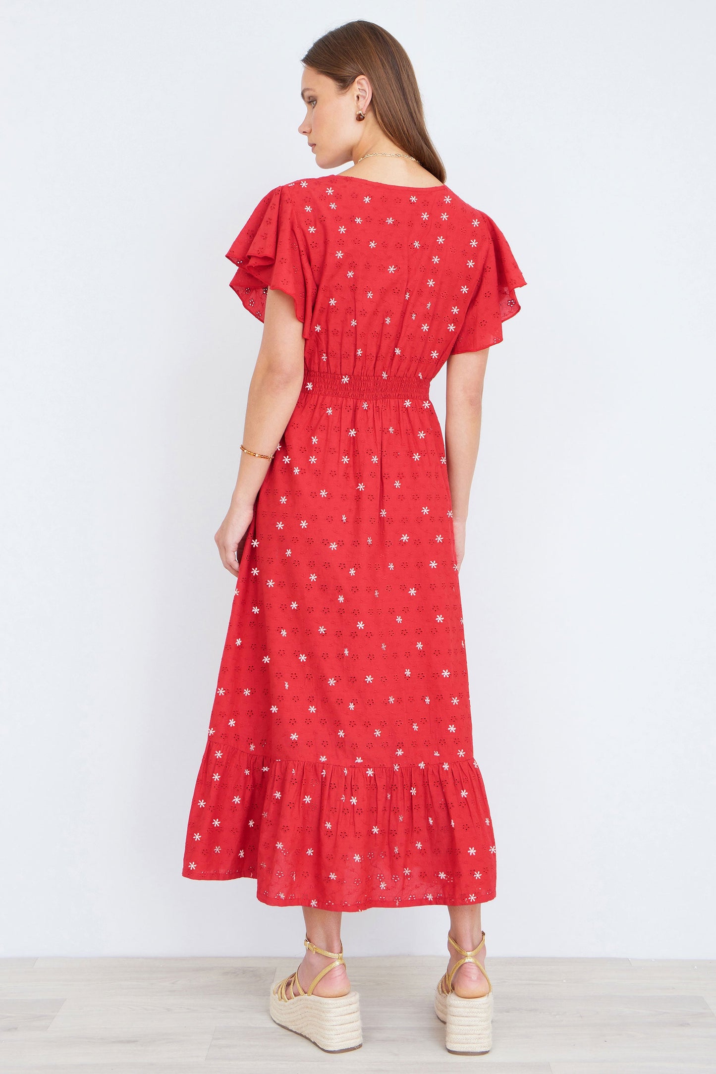 Red Broderie Anglaise Wrap Midi Dress With Flower Embroidery