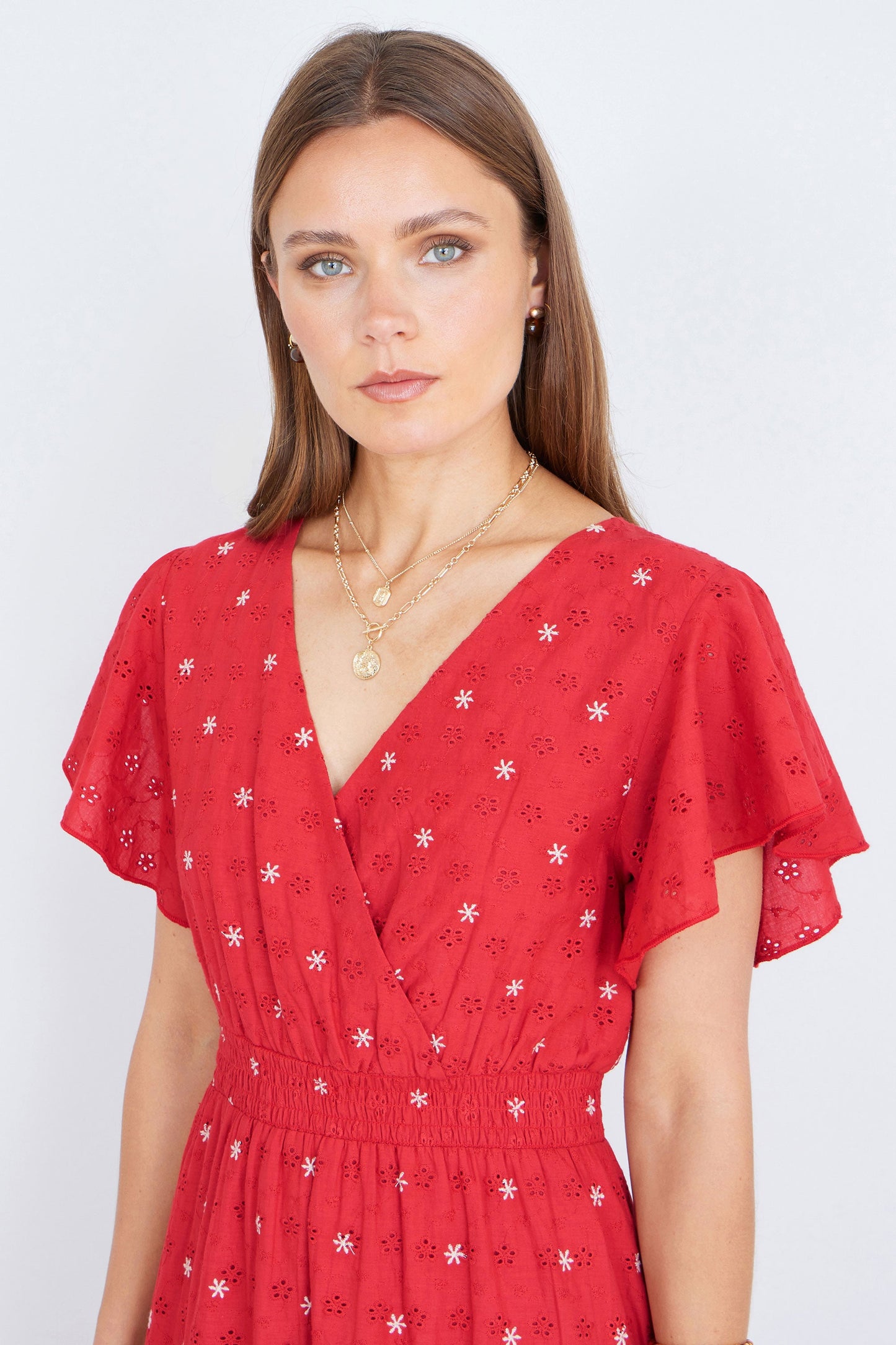 Red Broderie Anglaise Wrap Midi Dress With Flower Embroidery