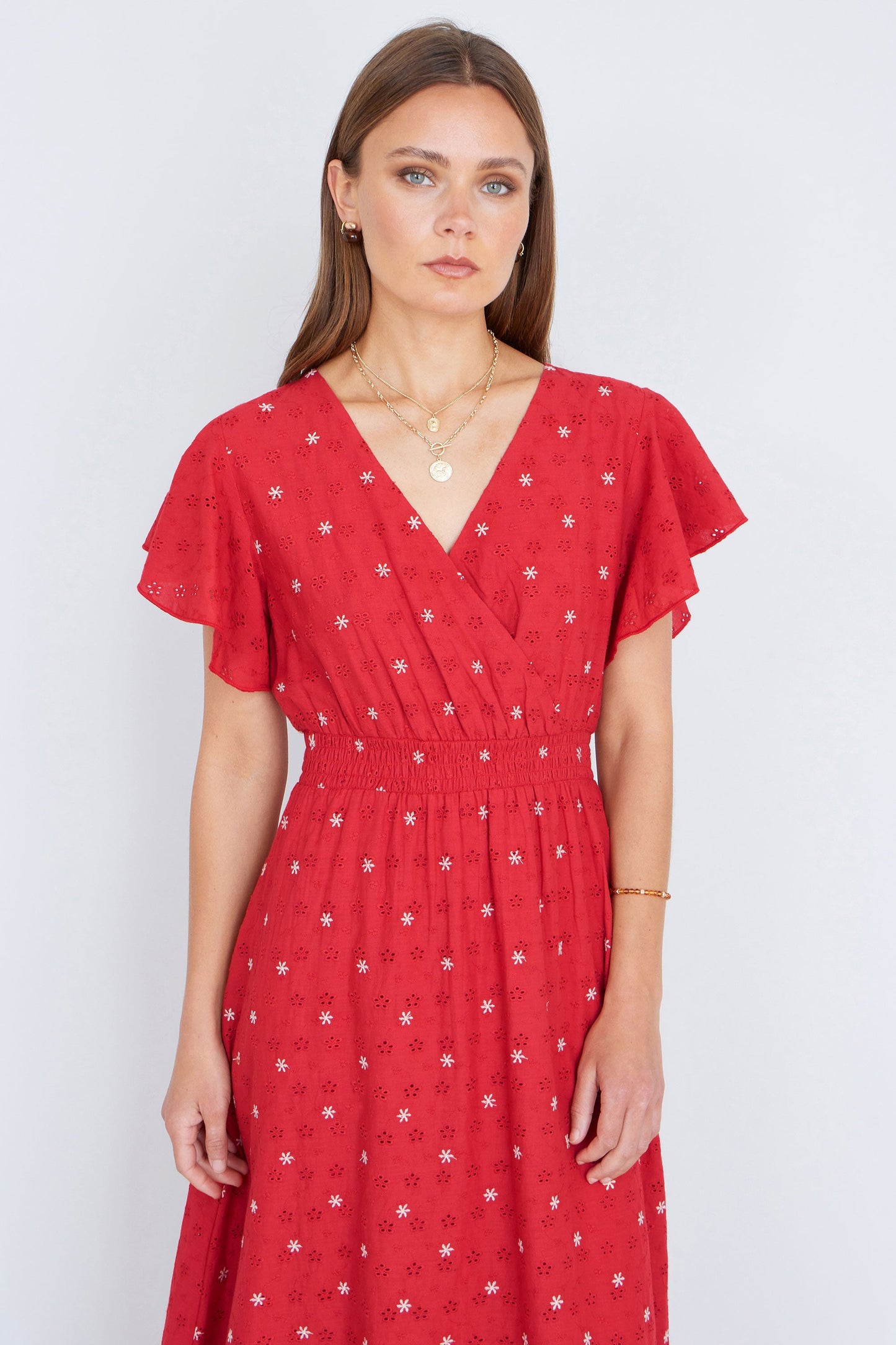 Red Broderie Anglaise Wrap Midi Dress With Flower Embroidery
