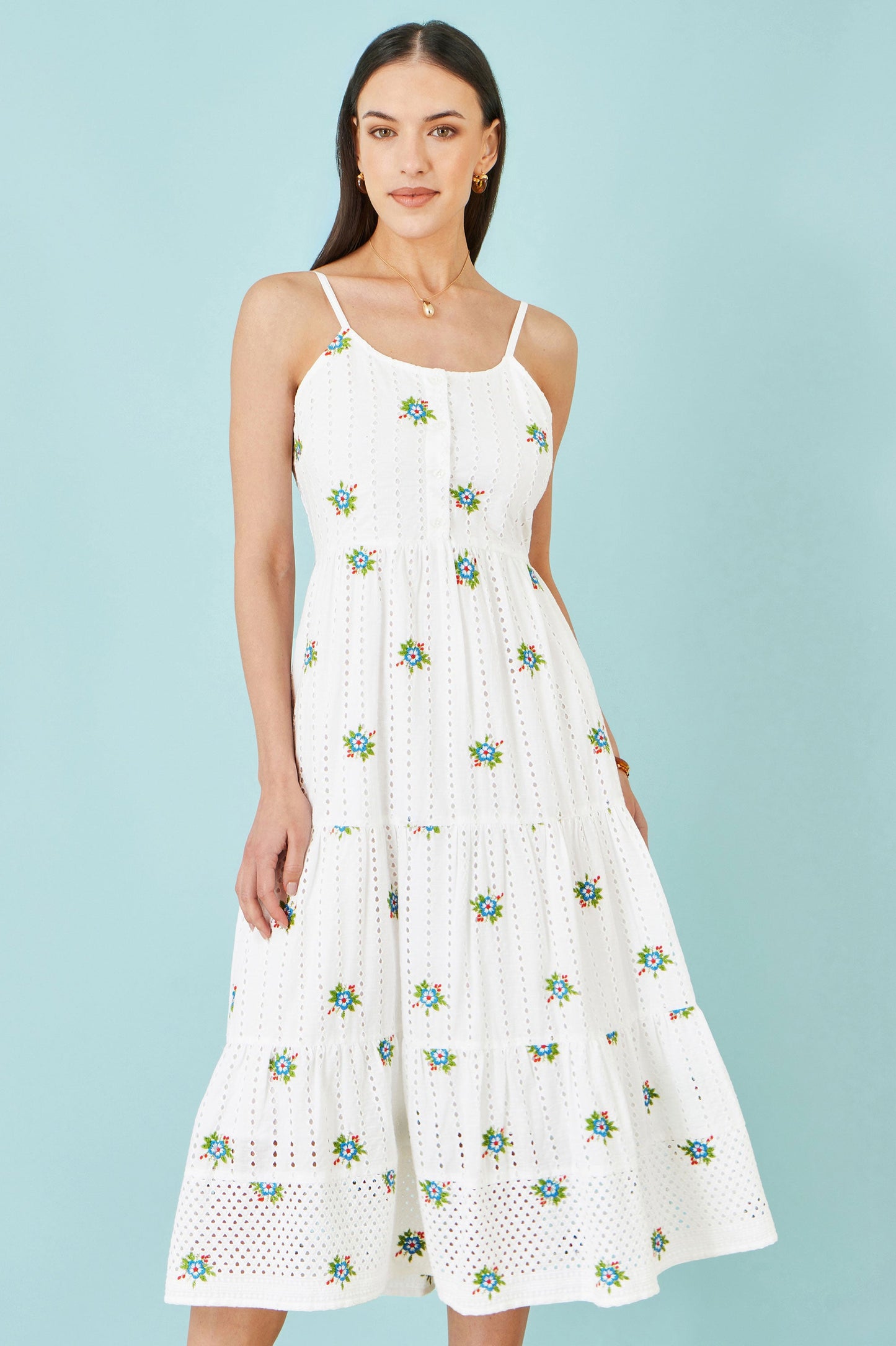 White Cotton Embroidered Broderie Anglaise Midi Sun Dress
