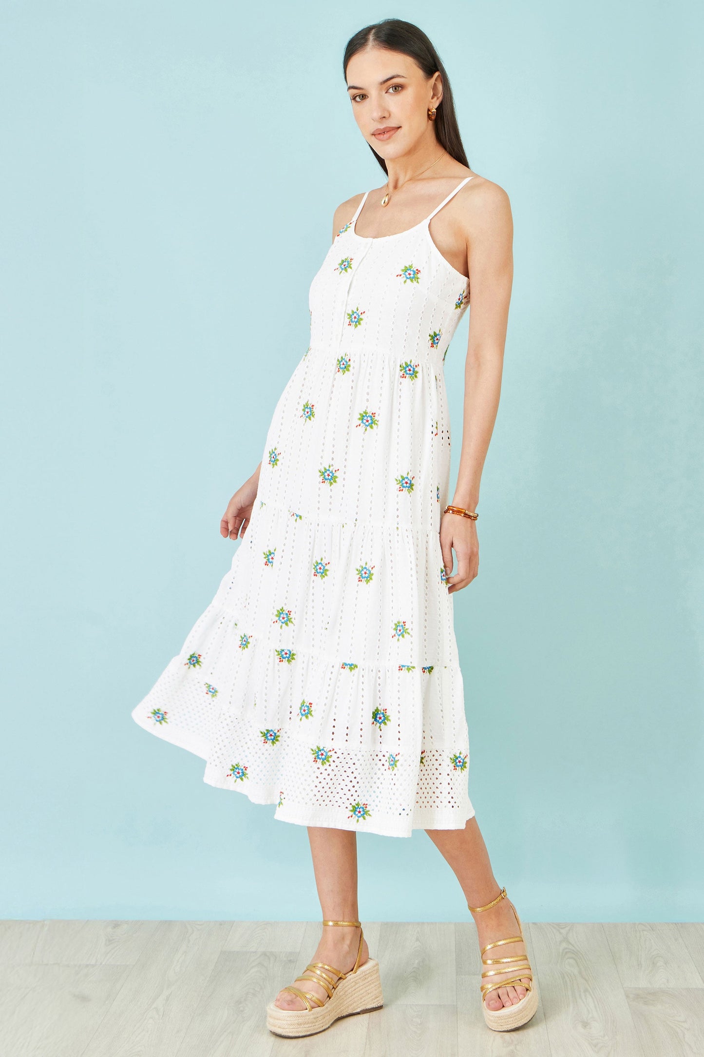 White Cotton Embroidered Broderie Anglaise Midi Sun Dress