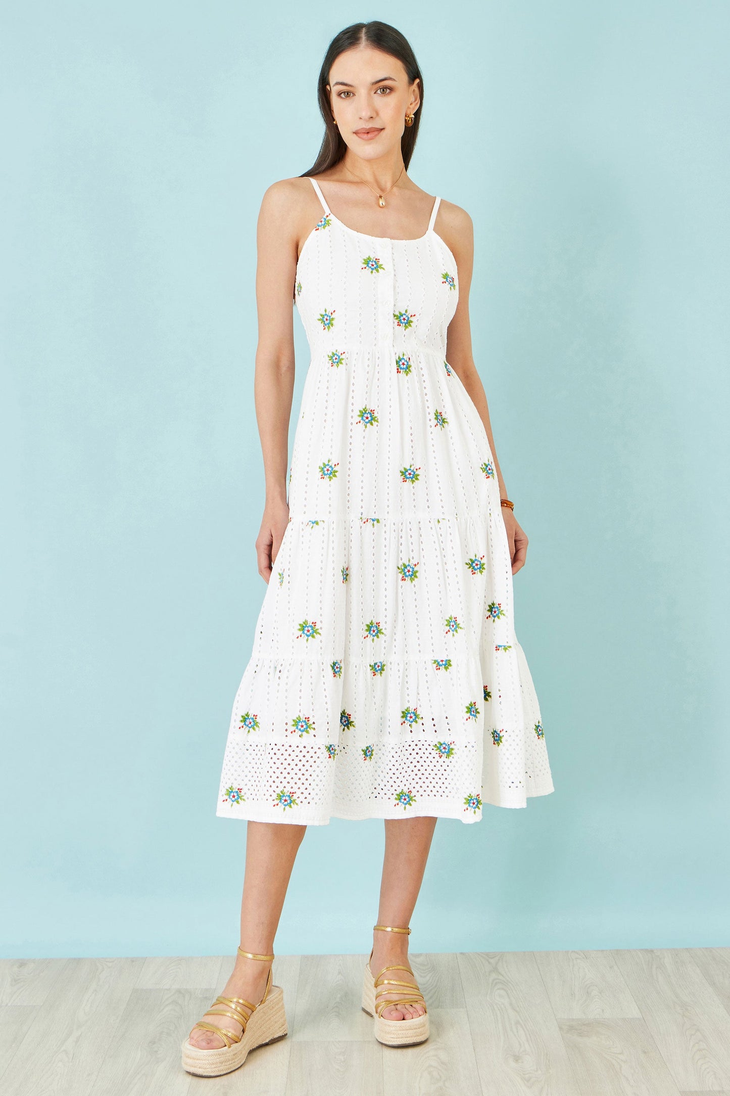 White Cotton Embroidered Broderie Anglaise Midi Sun Dress