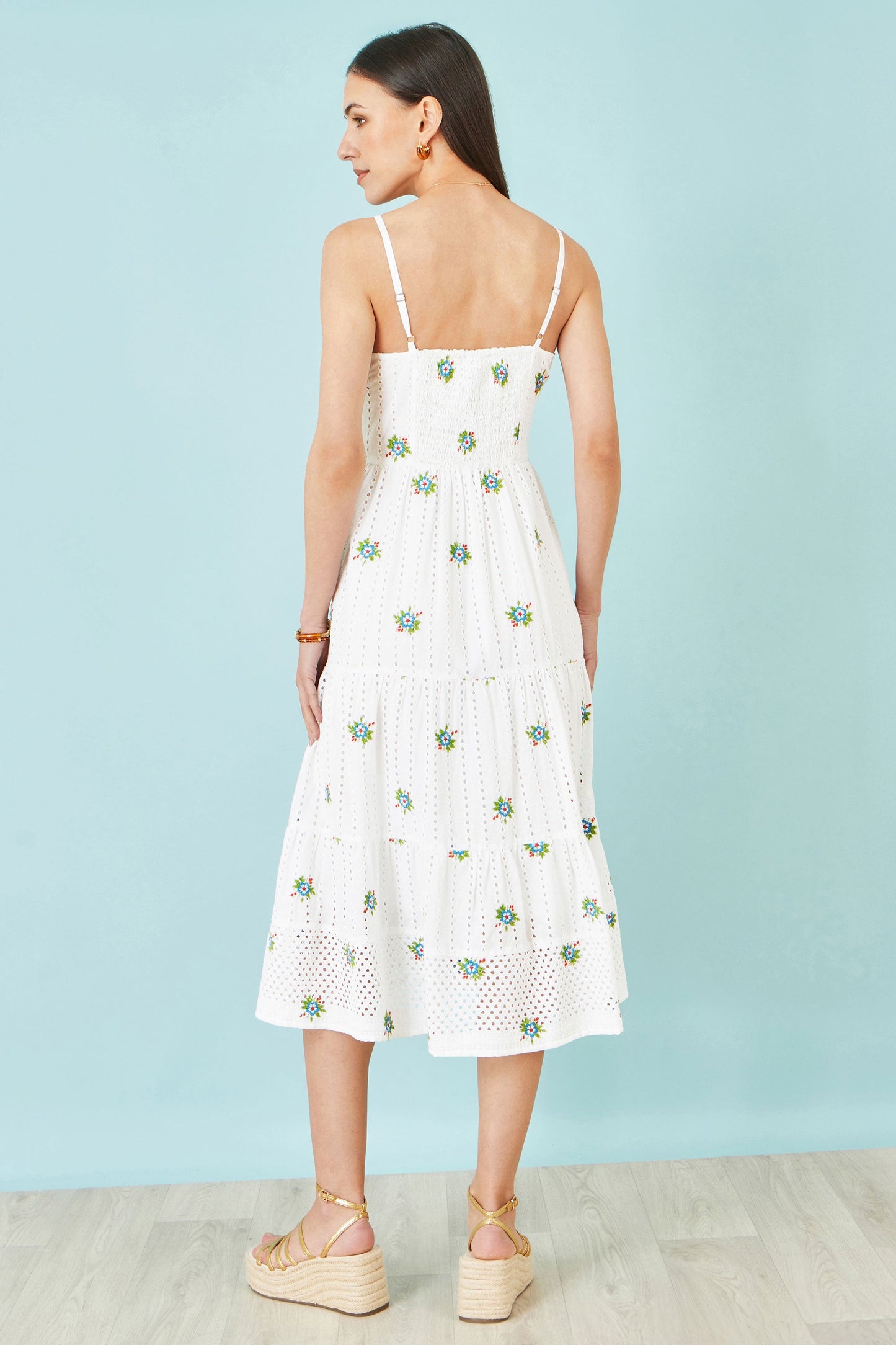 White Cotton Embroidered Broderie Anglaise Midi Sun Dress