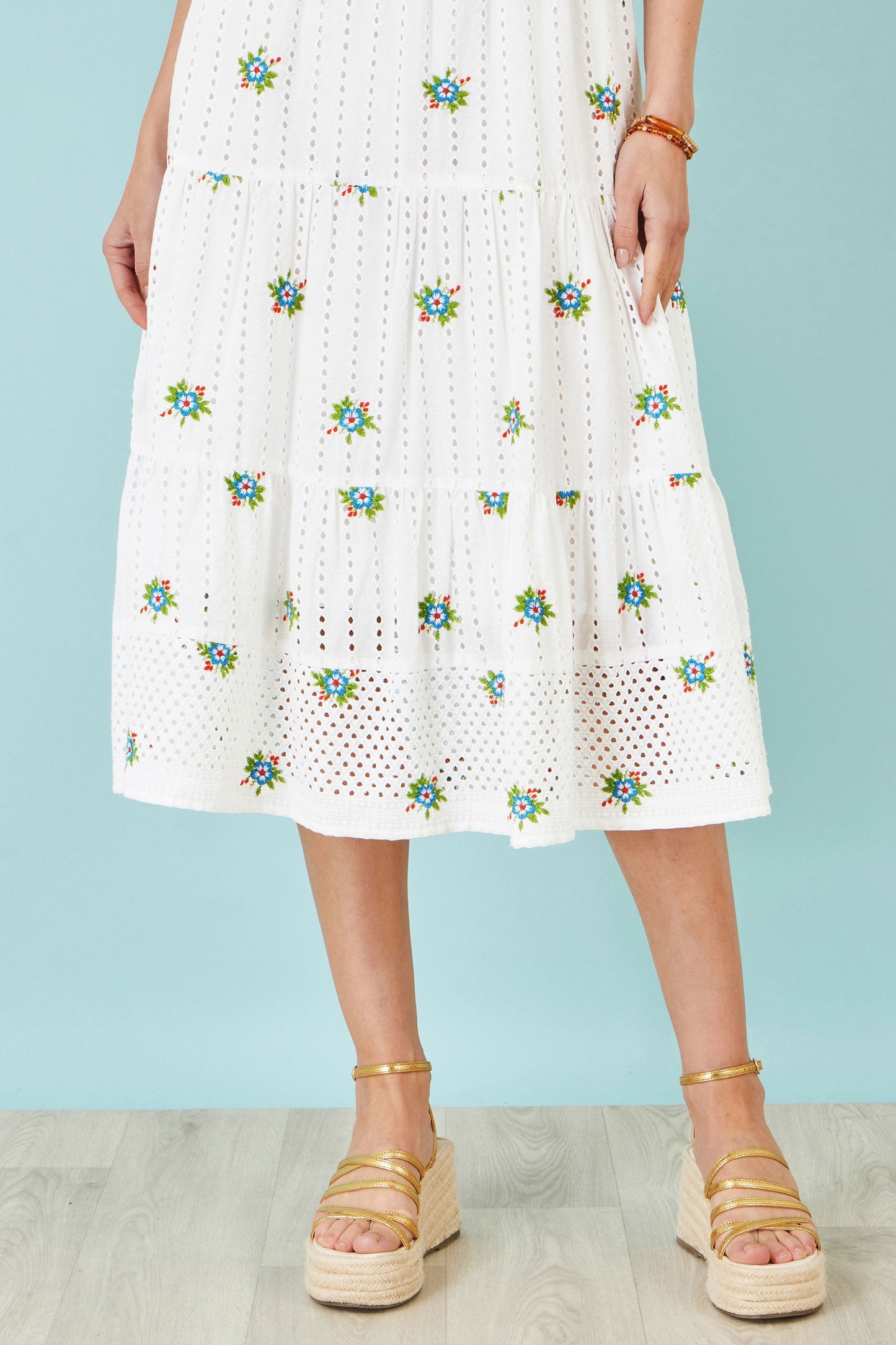 White Cotton Embroidered Broderie Anglaise Midi Sun Dress