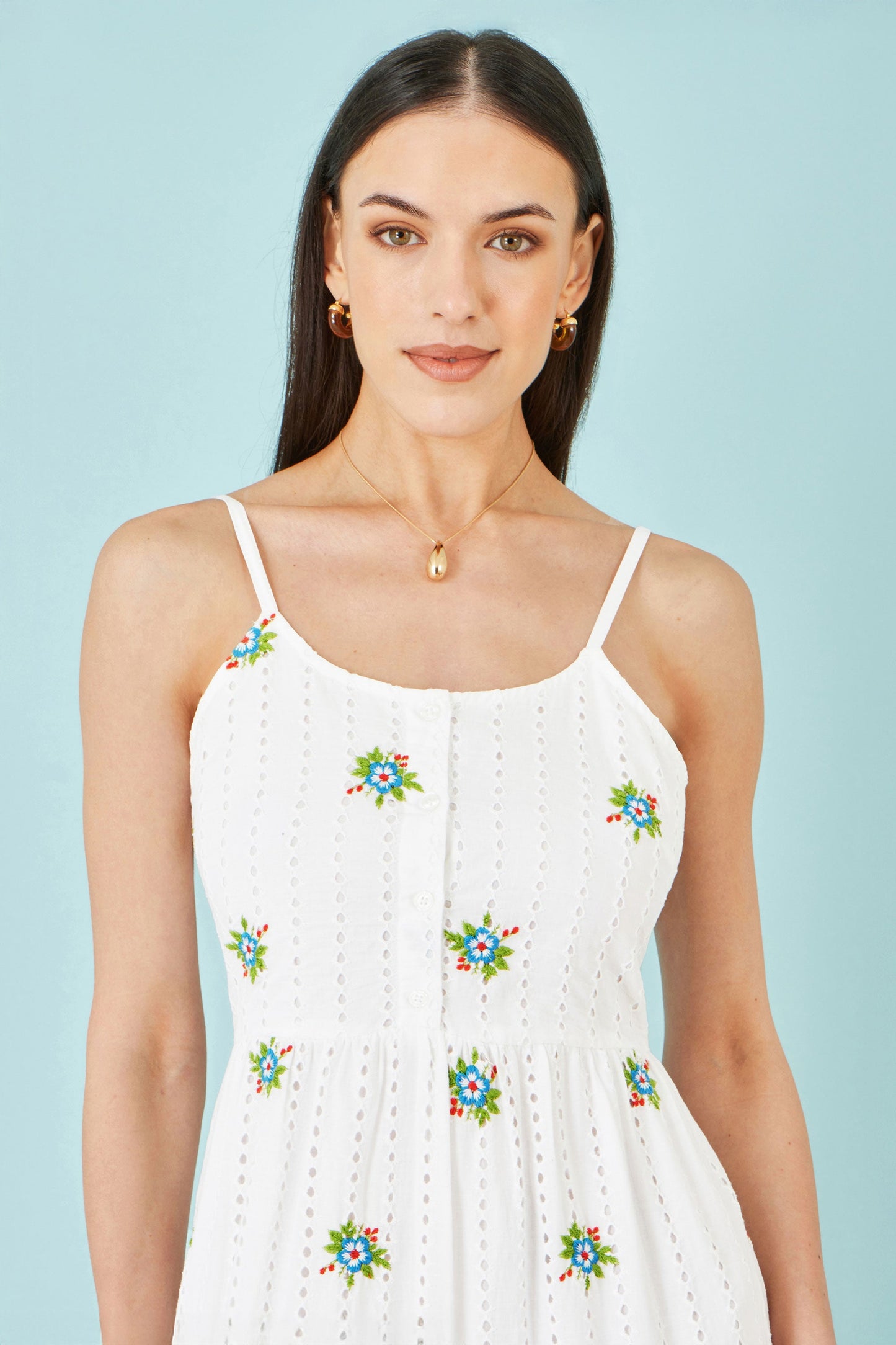 White Cotton Embroidered Broderie Anglaise Midi Sun Dress