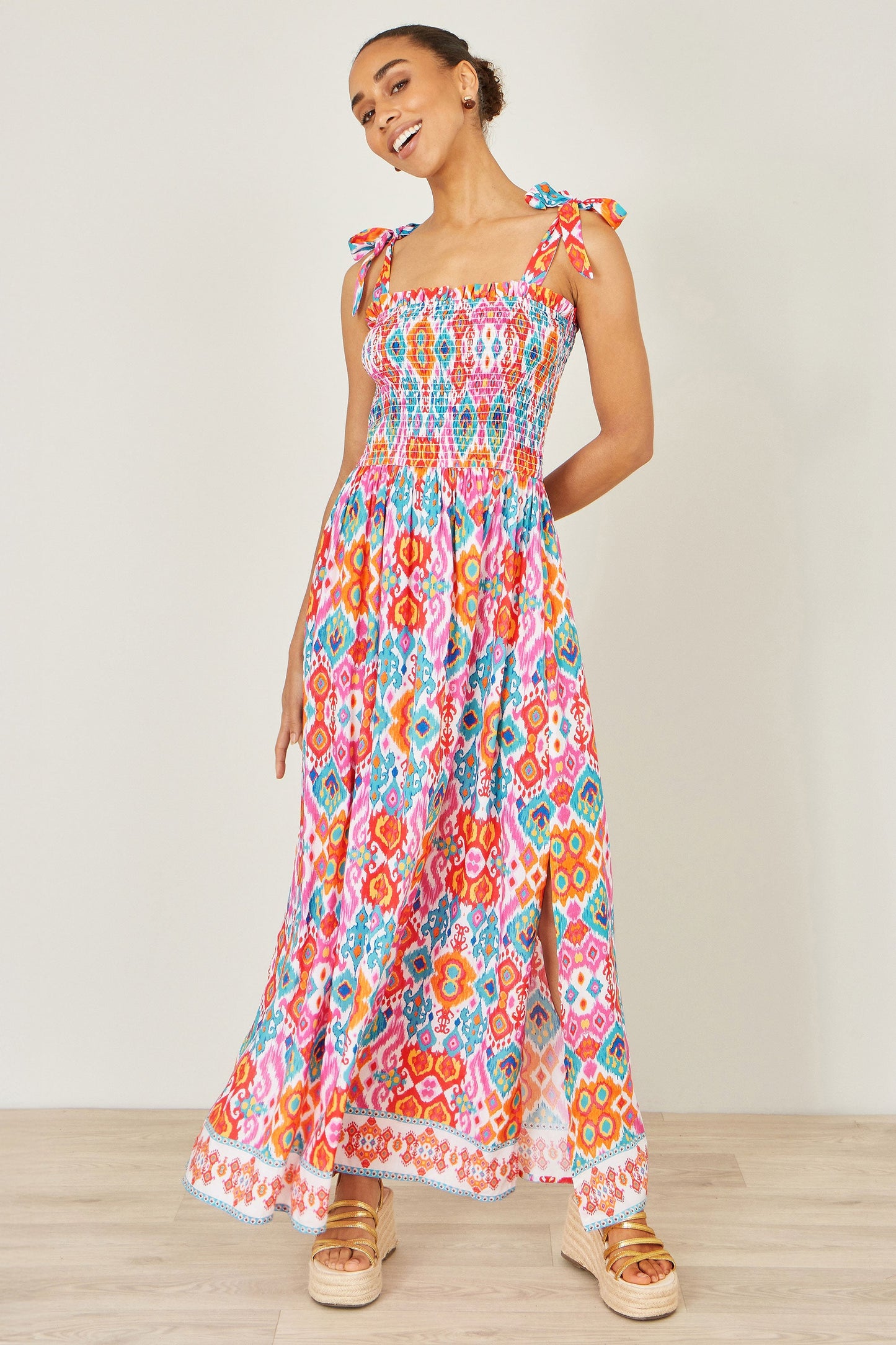 Multicolour Ikat Print Maxi Viscose Sun Dress