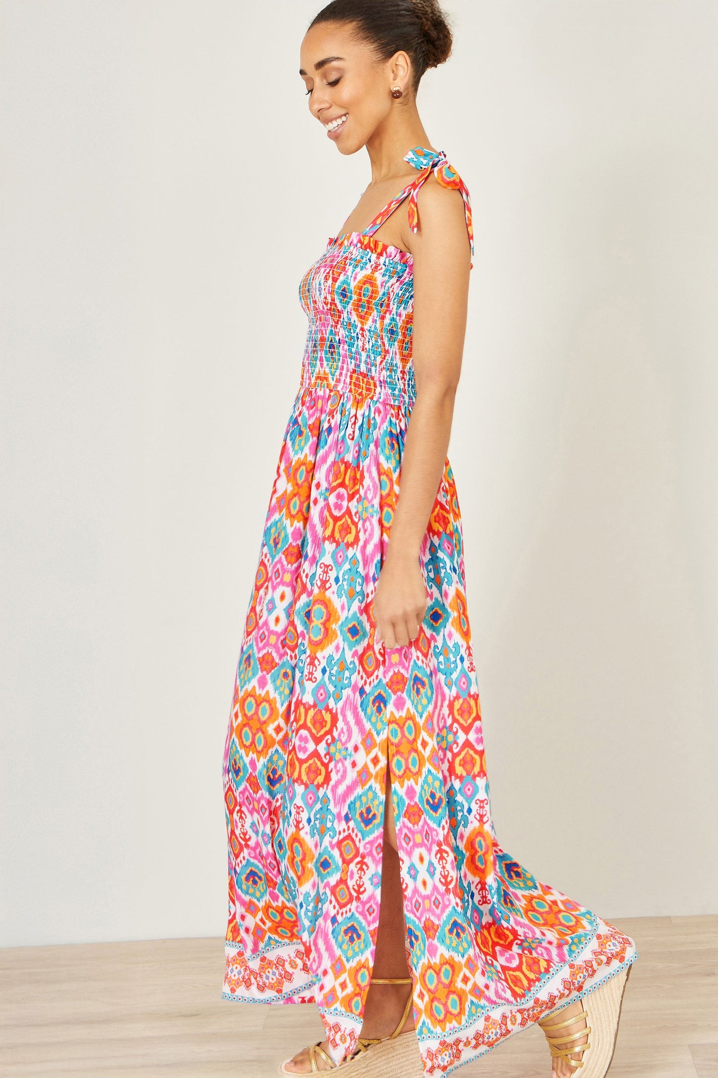 Multicolour Ikat Print Maxi Viscose Sun Dress