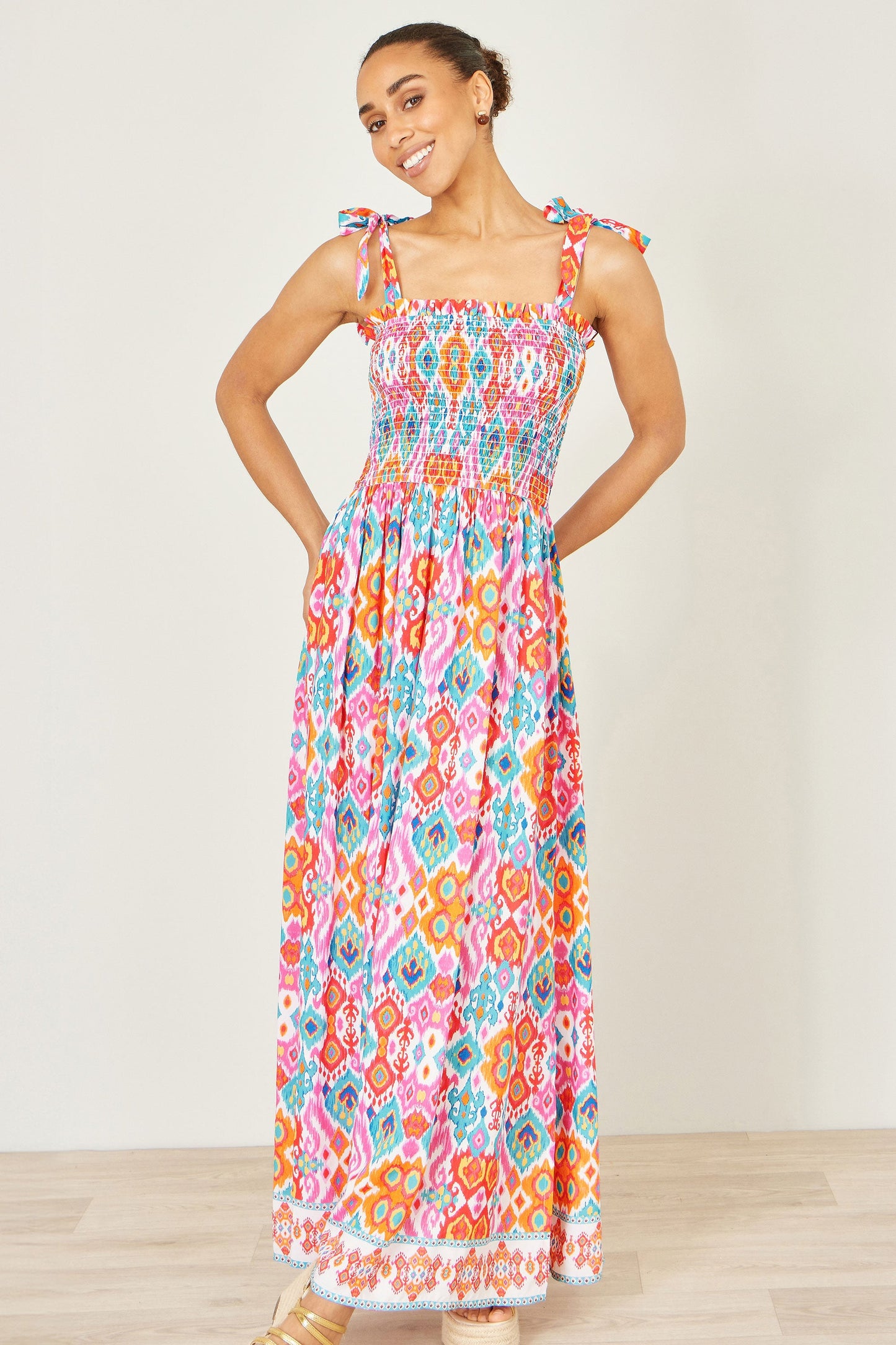 Multicolour Ikat Print Maxi Viscose Sun Dress