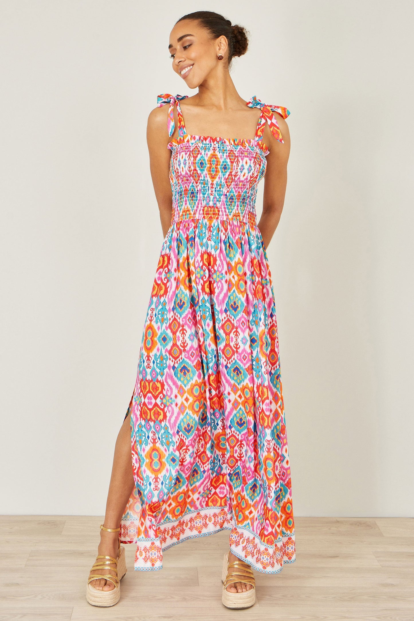 Multicolour Ikat Print Maxi Viscose Sun Dress