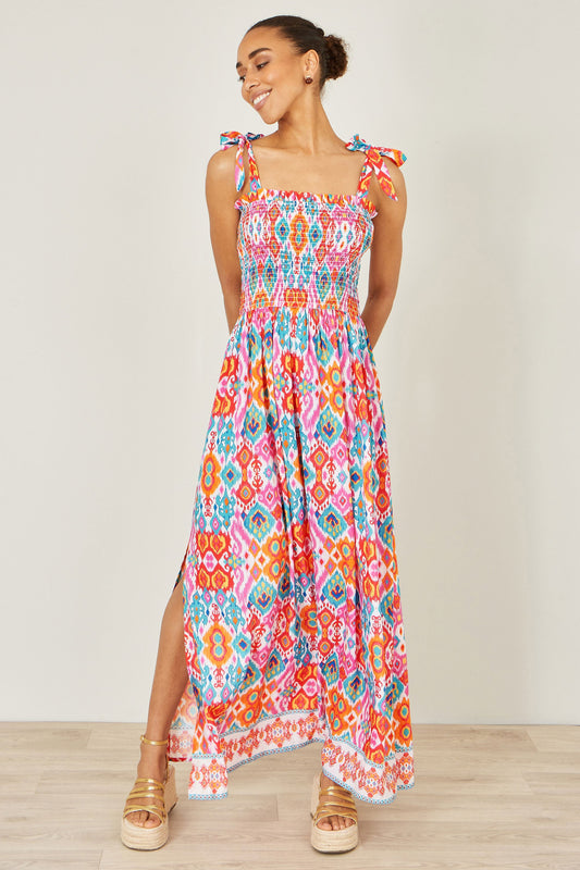 Multicolour Ikat Print Maxi Viscose Sun Dress