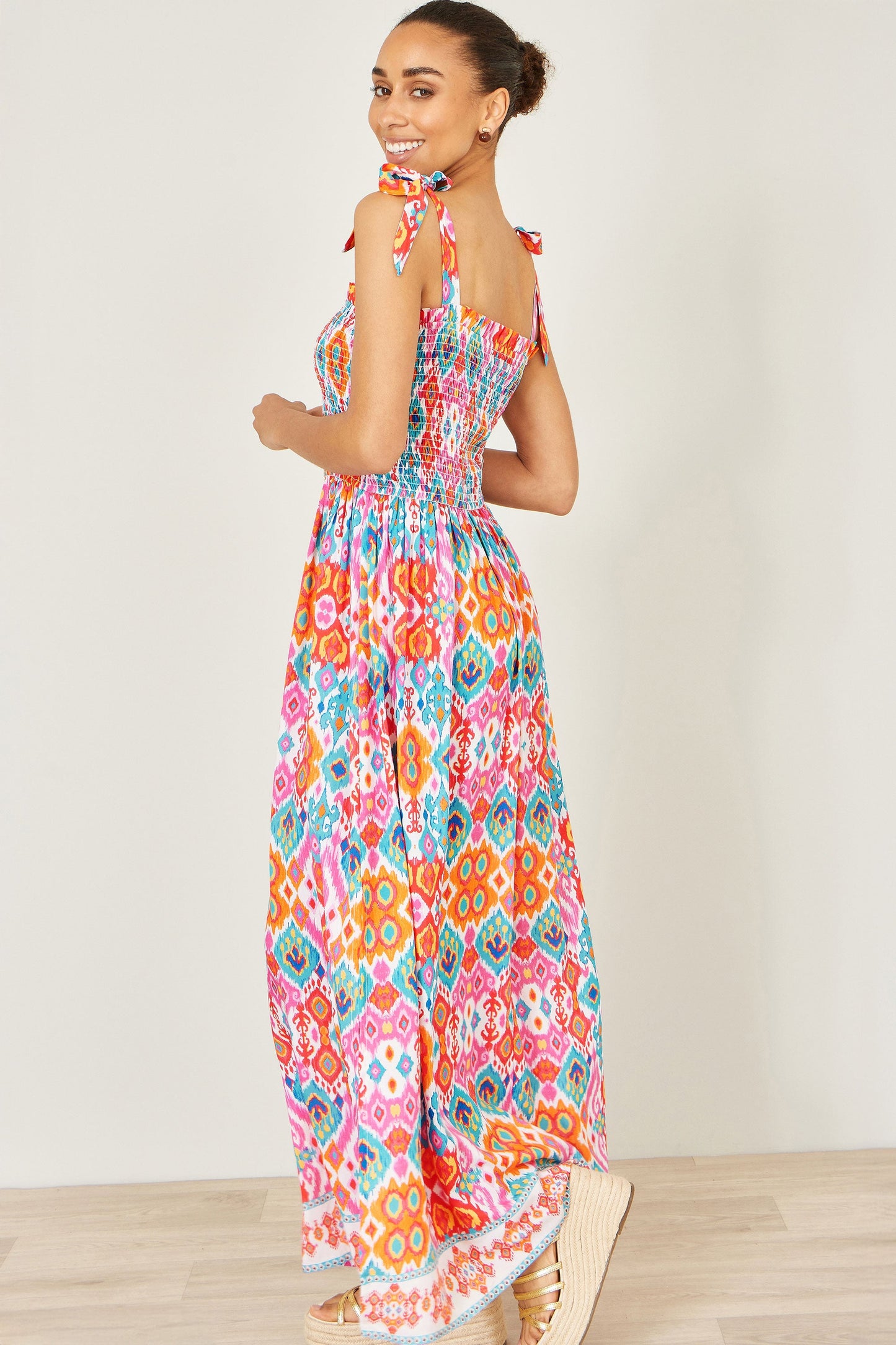 Multicolour Ikat Print Maxi Viscose Sun Dress
