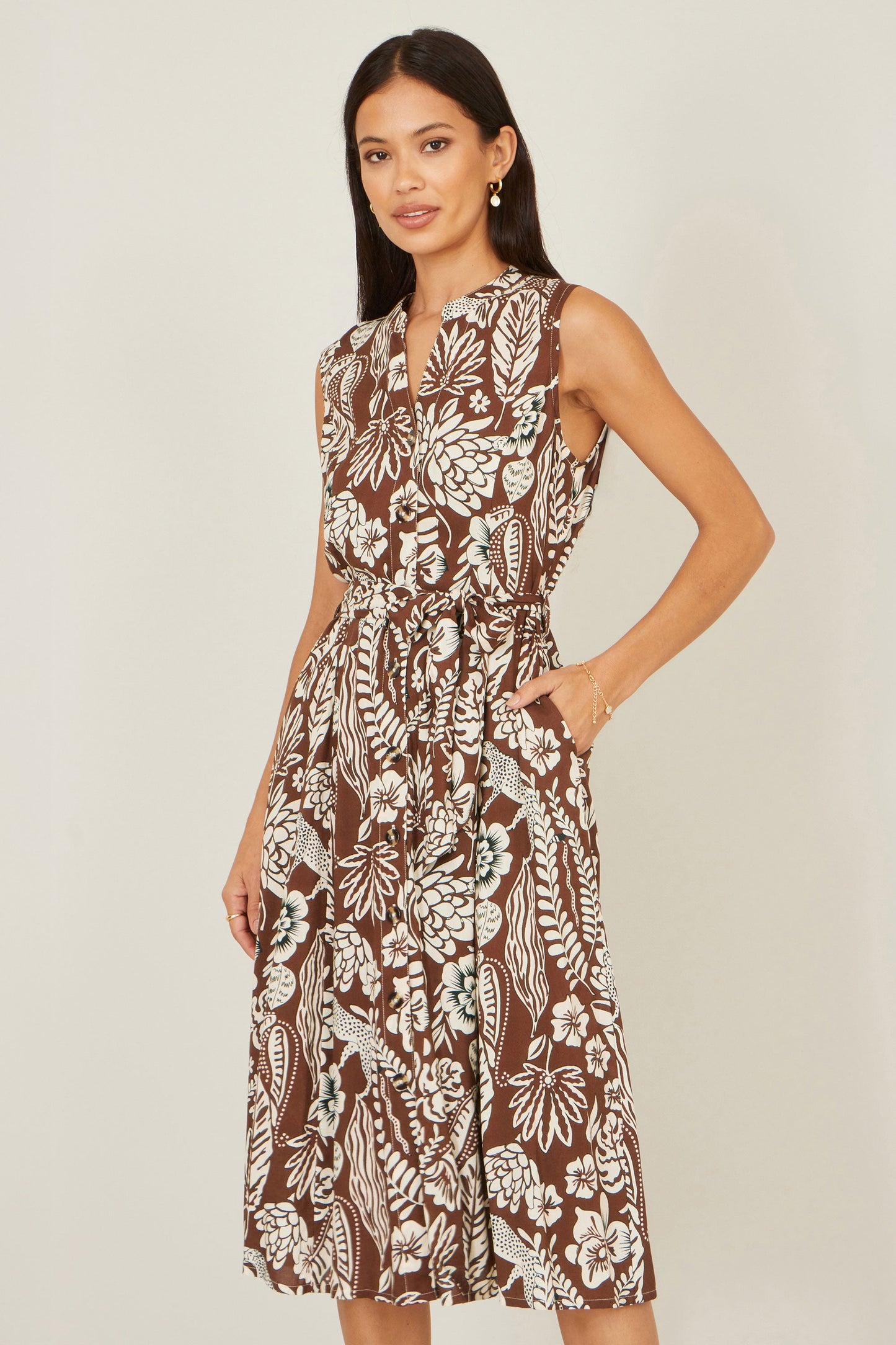 Brown Leaf Print Shirt Dress