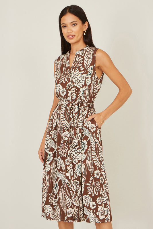 Brown Leaf Print Shirt Dress
