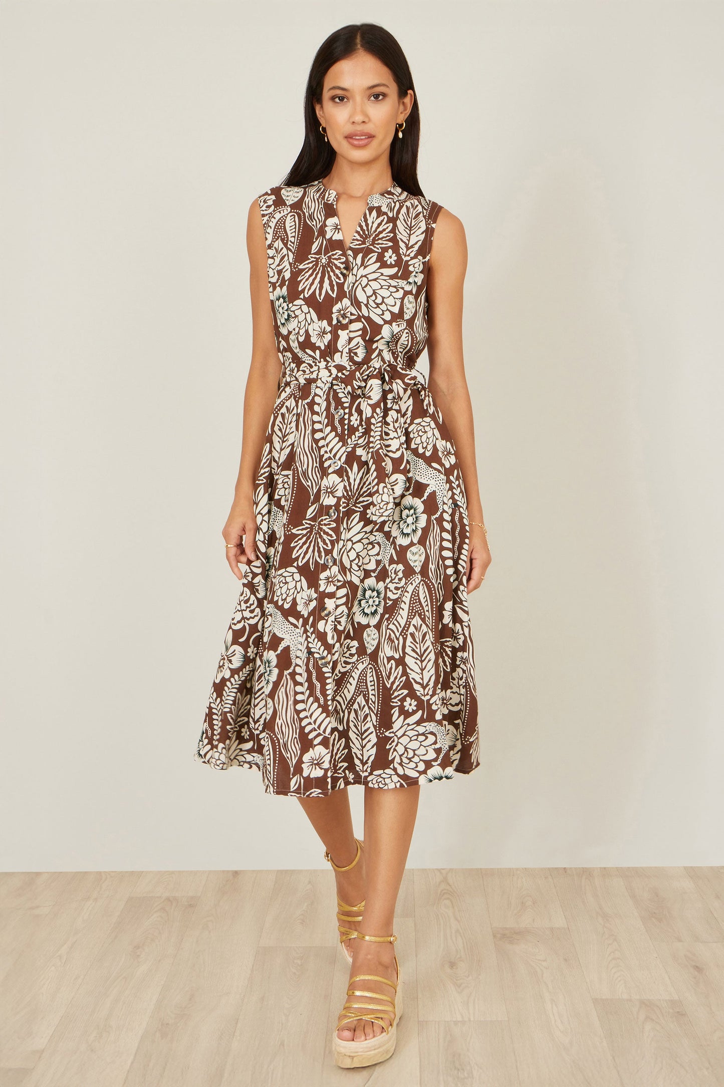 Brown Leaf Print Shirt Dress