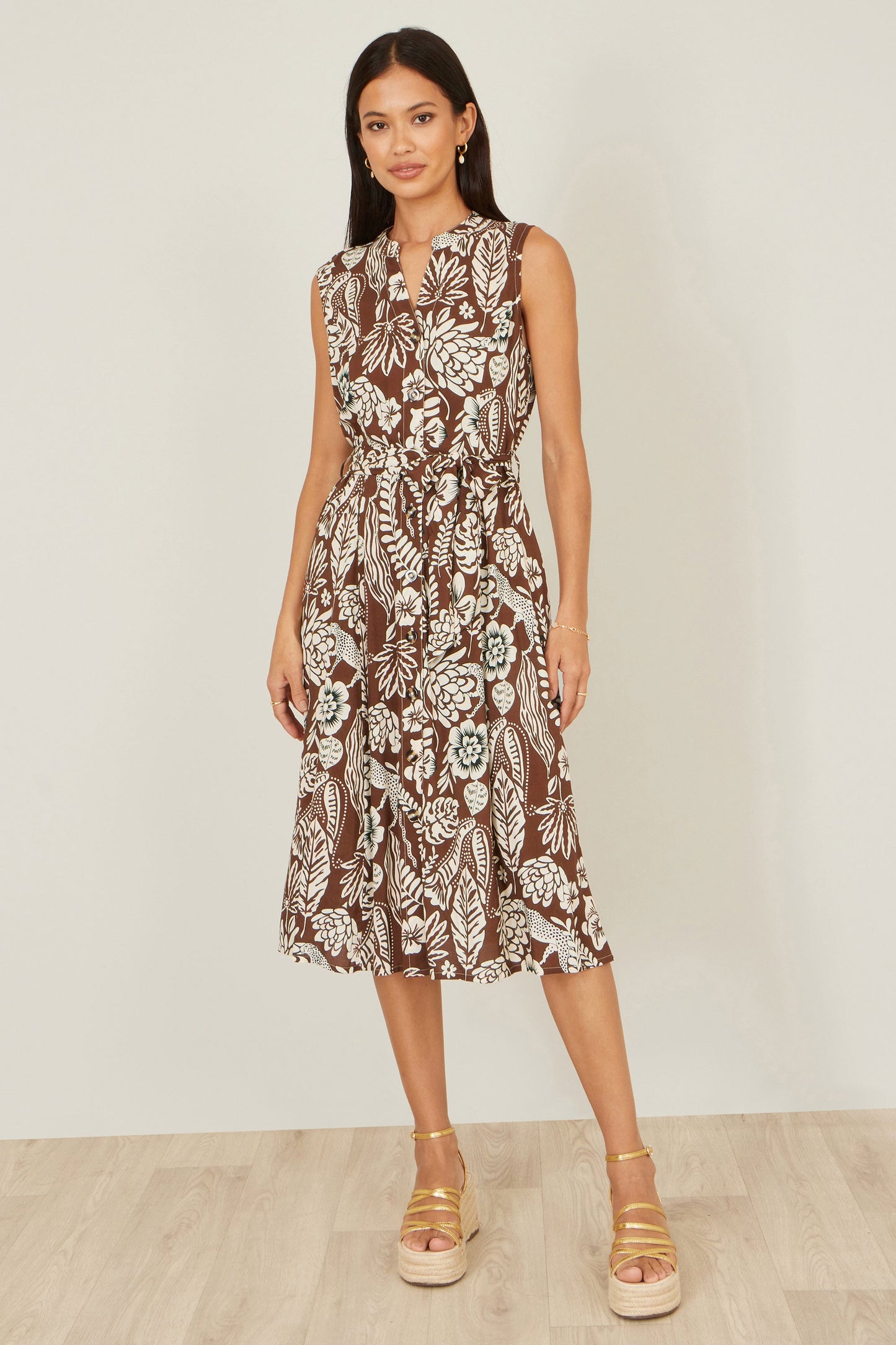 Brown Leaf Print Shirt Dress