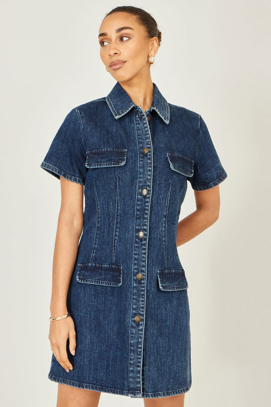 Blue Denim Short Sleeve Stretch Shirt Dress