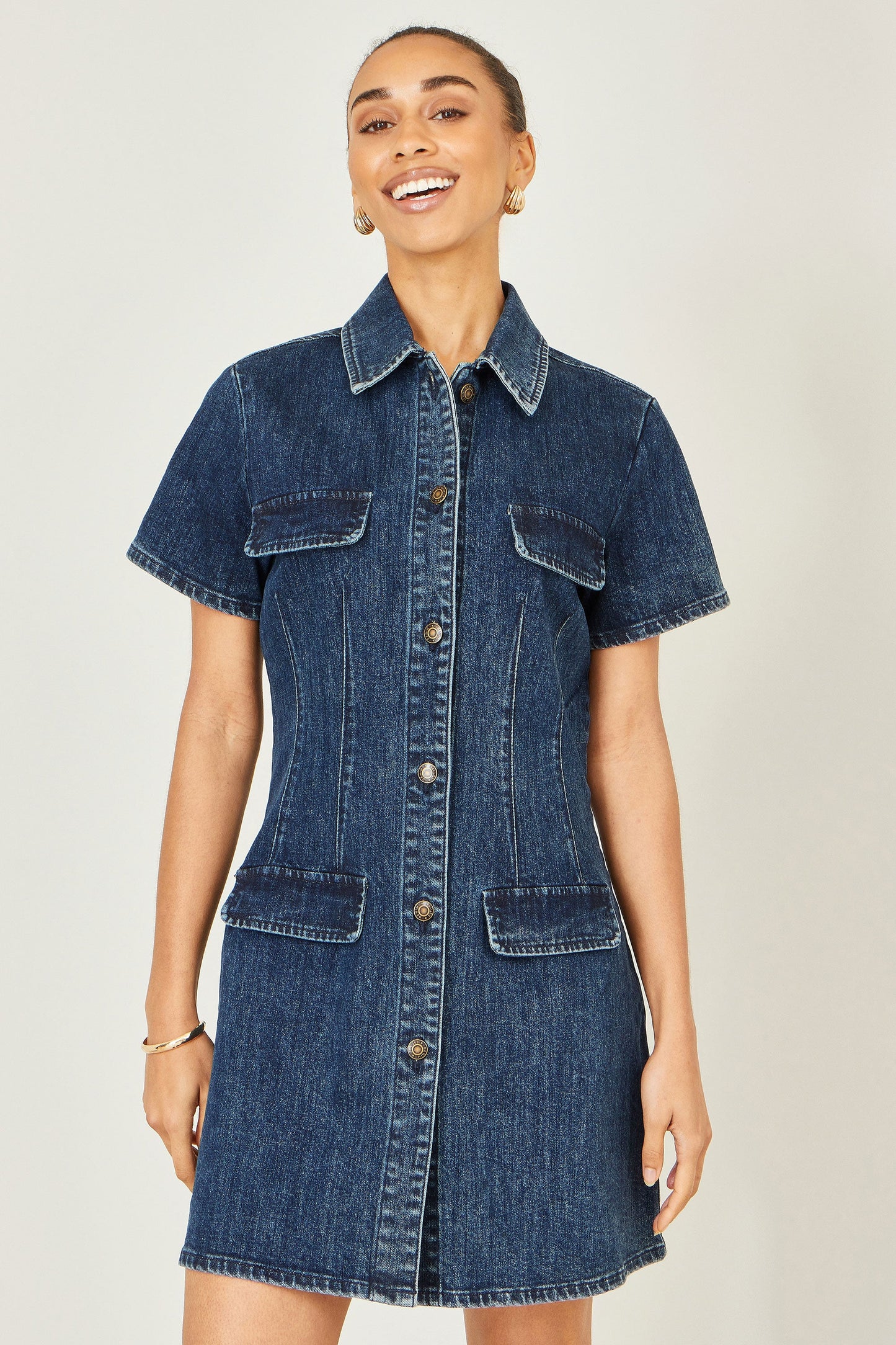 Blue Denim Short Sleeve Stretch Shirt Dress