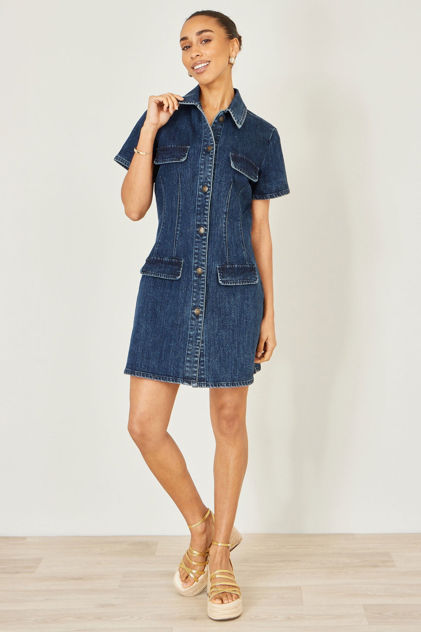 Blue Denim Short Sleeve Stretch Shirt Dress